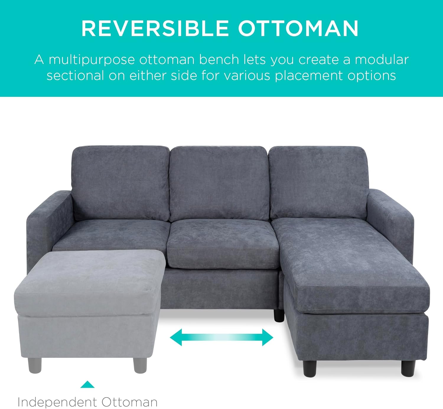 Best Choice Products Upholstered Sectional Sofa for Home, Apartment, Dorm, Bonus Room, Compact Spaces w/Chaise Lounge, 3-Seat, L-Shape Design, Reversible Ottoman Bench, 680lb Capacity - Light Gray