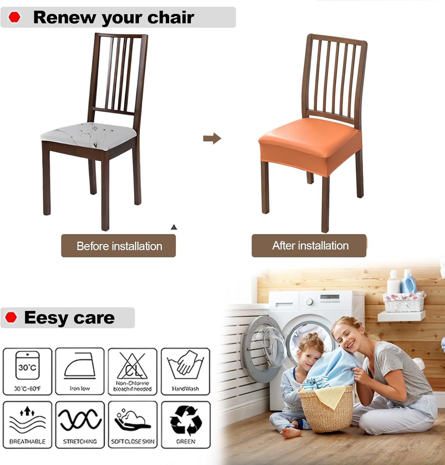 FUANGUI Dining Chair Covers Set of 4, Waterproof PU Leather Stretch Chair Seat Slipcovers Soft Removable Washable Chair Covers, Kitchen Chair Seat Covers Protectors Dining Room, PU-Black