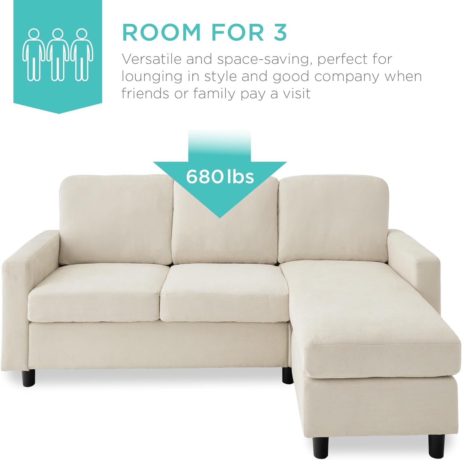 Best Choice Products Upholstered Sectional Sofa for Home, Apartment, Dorm, Bonus Room, Compact Spaces w/Chaise Lounge, 3-Seat, L-Shape Design, Reversible Ottoman Bench, 680lb Capacity - Light Gray