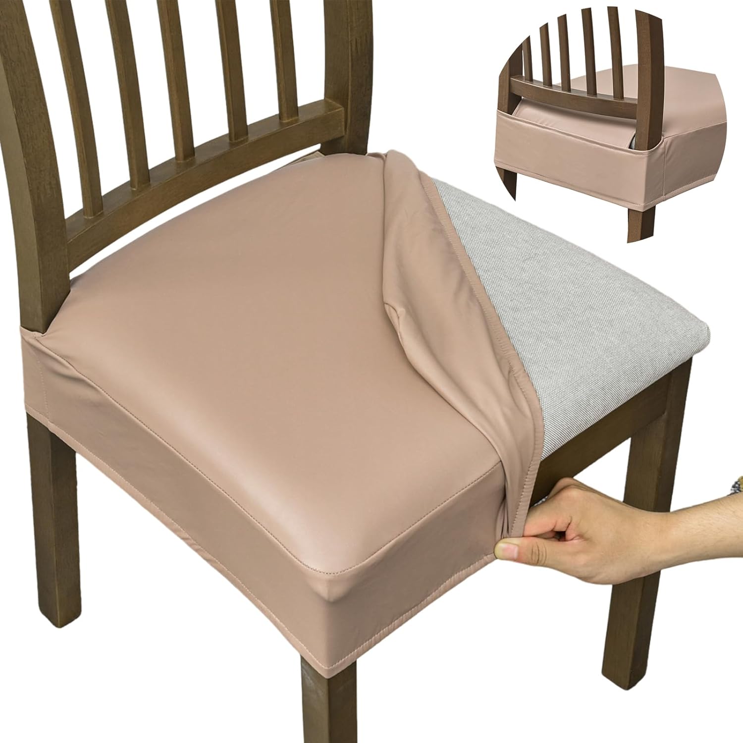 FUANGUI Dining Chair Covers Set of 4, Waterproof PU Leather Stretch Chair Seat Slipcovers Soft Removable Washable Chair Covers, Kitchen Chair Seat Covers Protectors Dining Room, PU-Black