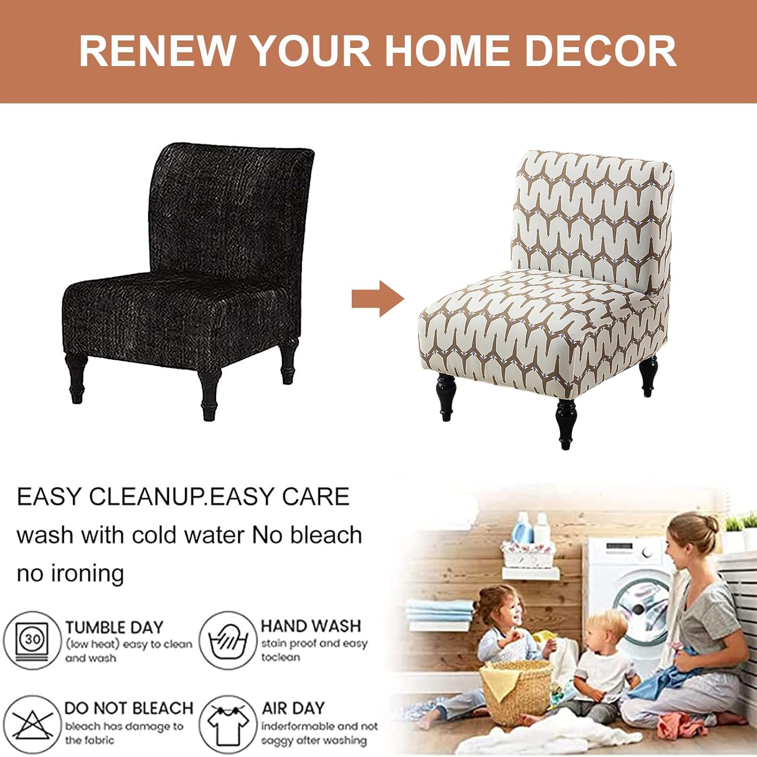 Eco-Ancheng Armless Chair Slipcover Removable Armless Accent Chairs Covers Washable Armless Slipper Chair Slipcover Printed Armless Chair Furniture Protector Covers for Living Dining Room Hotel