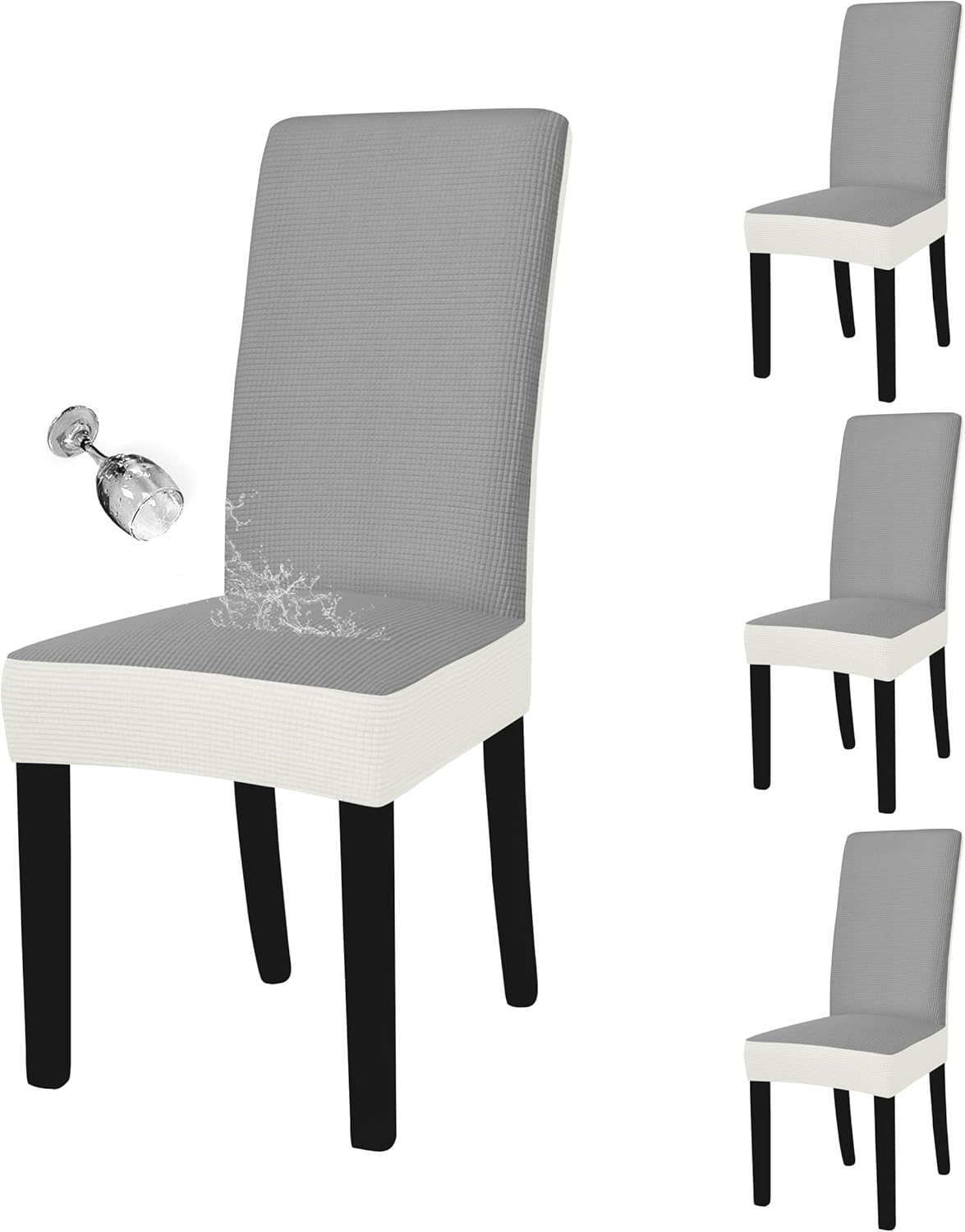 Easy-Going 100% Waterproof Dining Room Chair Cover Set of 6, Stretch Jacquard Parson Chair Slipcover Removable Washable Chair Protector for Home, Restaurant, Banquet (Large, Light Gray)