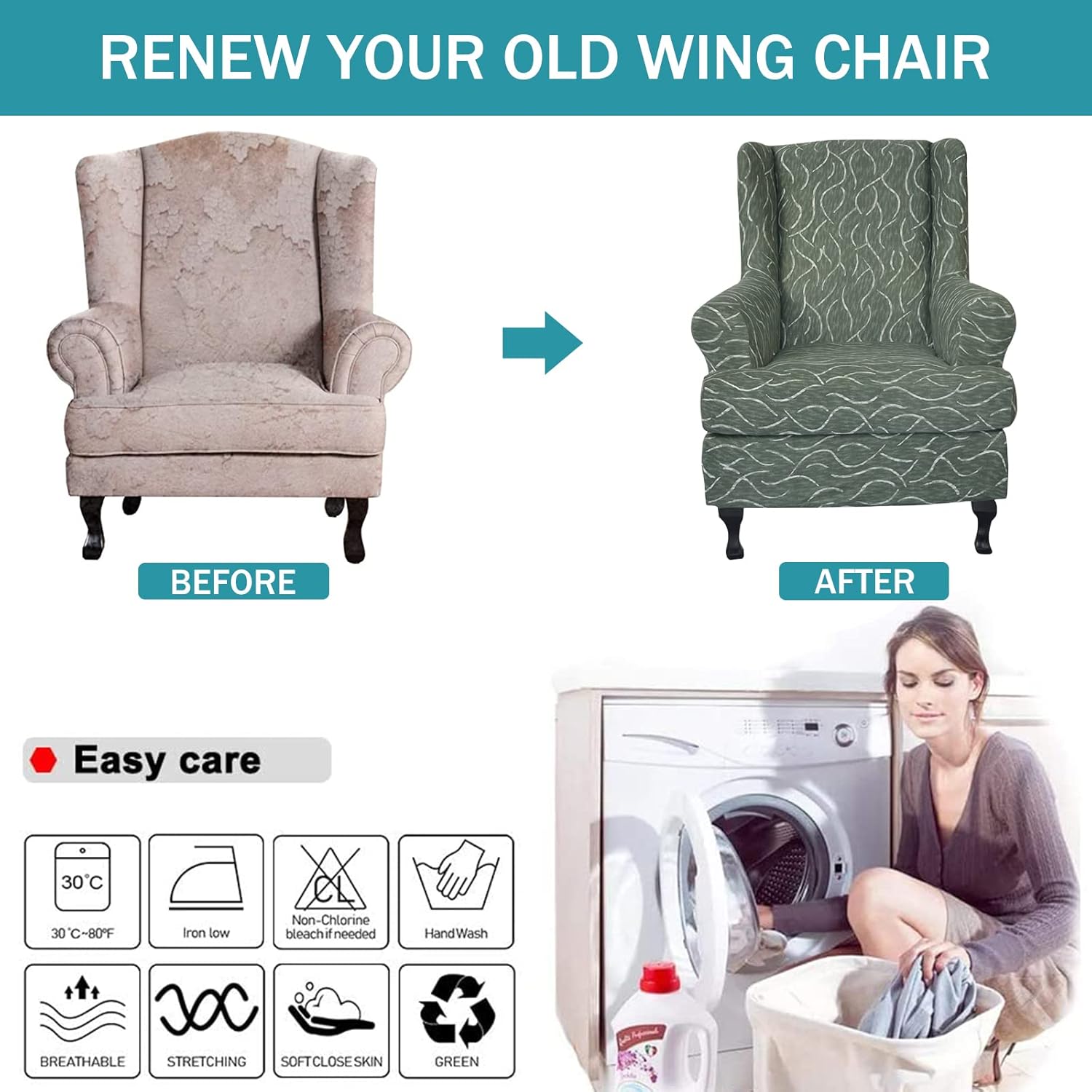 Wing Chair Slipcovers 2 Pieces Stretch Spandex Wingback Chair Covers Sofa Slipcover Printing Wingback Armchair Slipcovers Furniture Protector Couch Soft with Elastic Bottom for Wingback Chairs,12