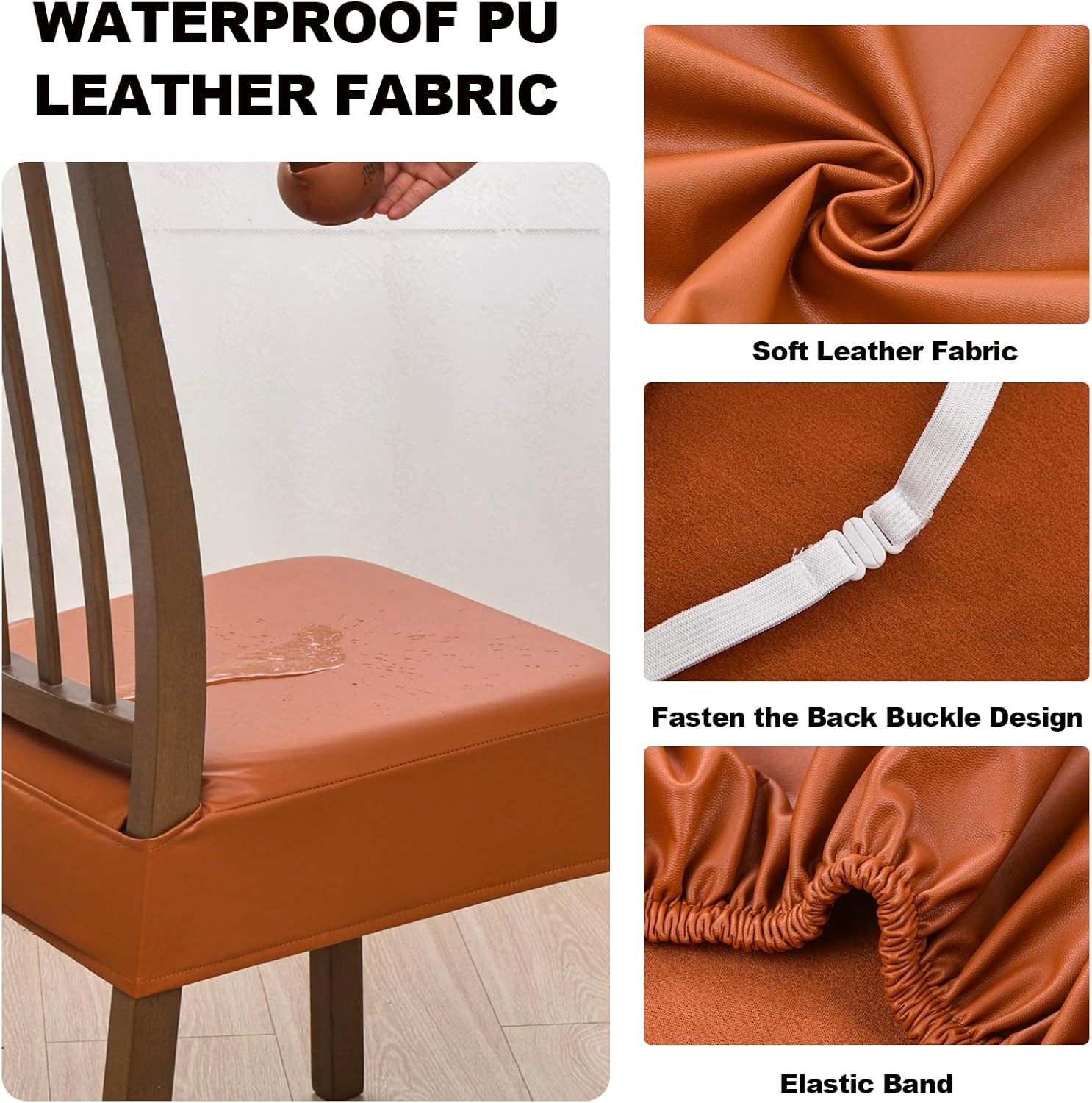 FUANGUI Dining Chair Covers Set of 4, Waterproof PU Leather Stretch Chair Seat Slipcovers Soft Removable Washable Chair Covers, Kitchen Chair Seat Covers Protectors Dining Room, PU-Black