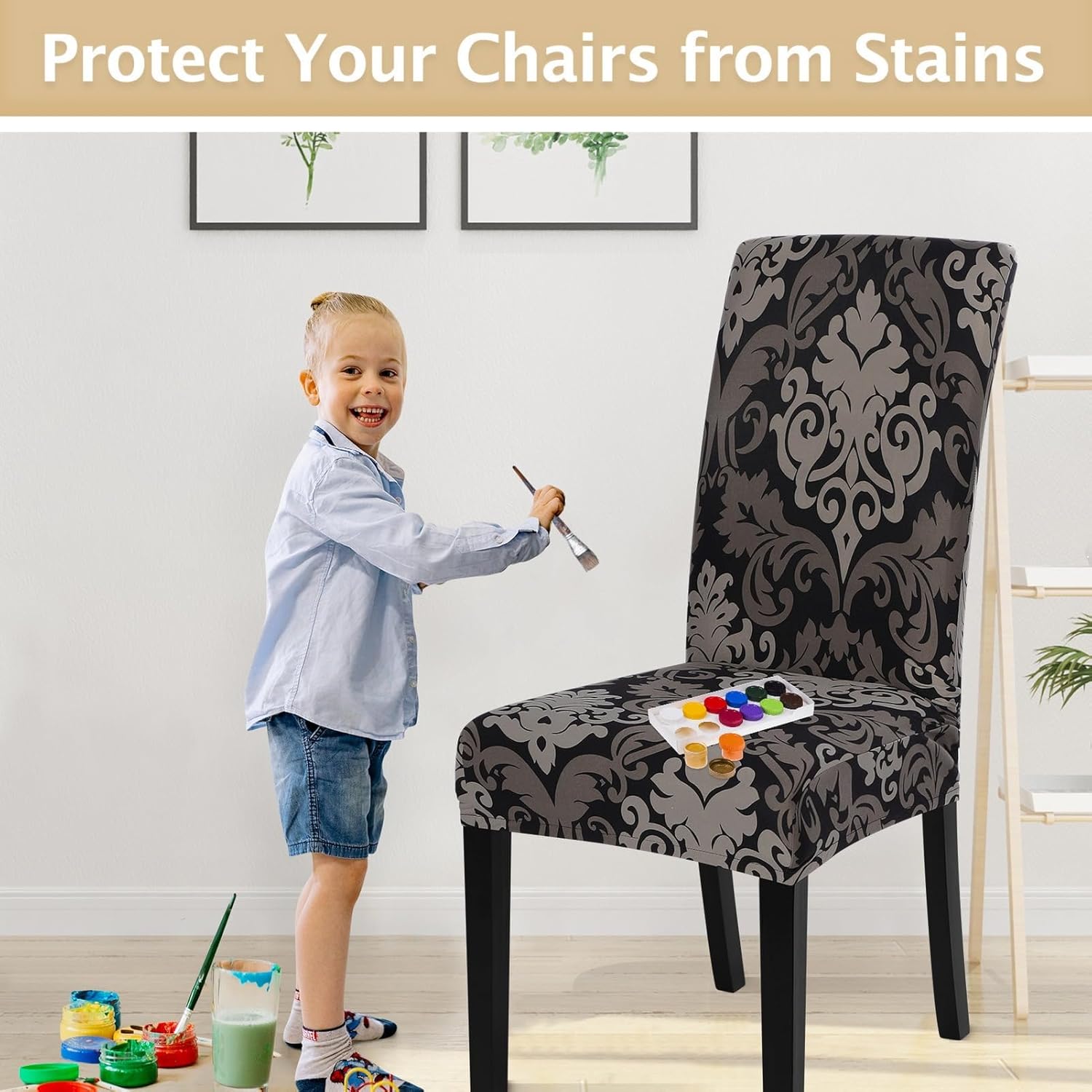 SearchI Chair Covers Slipcovers Set of 4, Spandex Super Fit Stretch Removable Washable Kitchen Parsons Protector for Dining Room,Hotel,Ceremony,Beige+Flowers