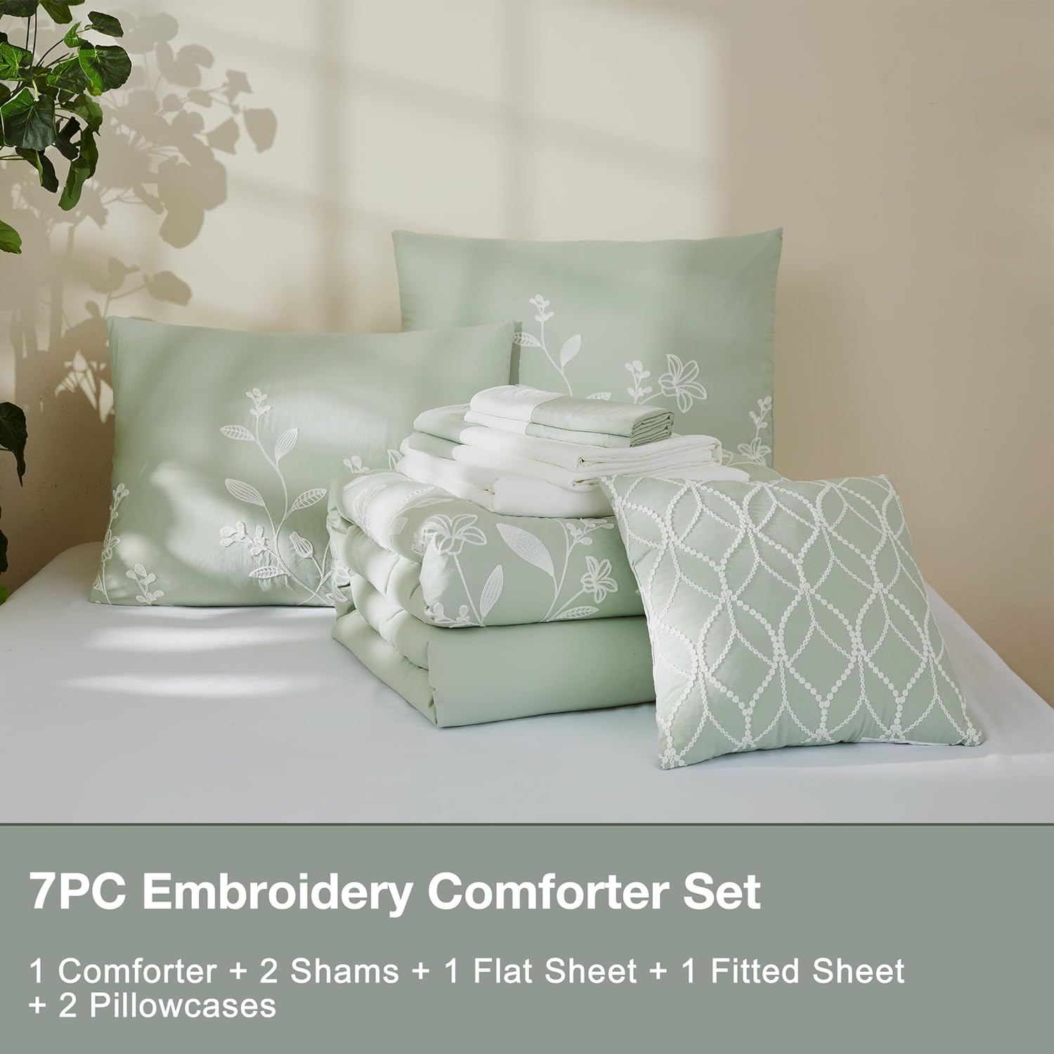 Olive Green Embroidery Comforters Set Queen Size
