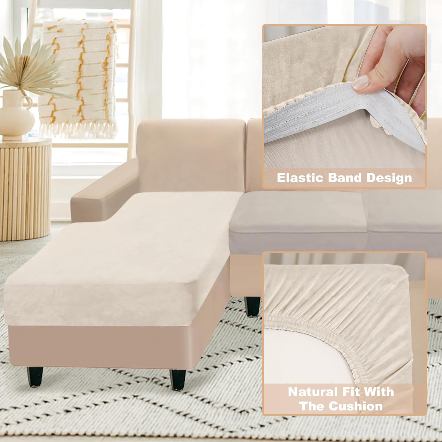 NAISI Sectional Couch Cover 4 Pieces Velvet Separate Couch Cushion Covers L Shape Soft Stretch Sofa Slipcovers with 2pcs Pillowcases for Left/Right Chaise Sectional Couch(3 Seater+1 Chaise,Dark Grey)