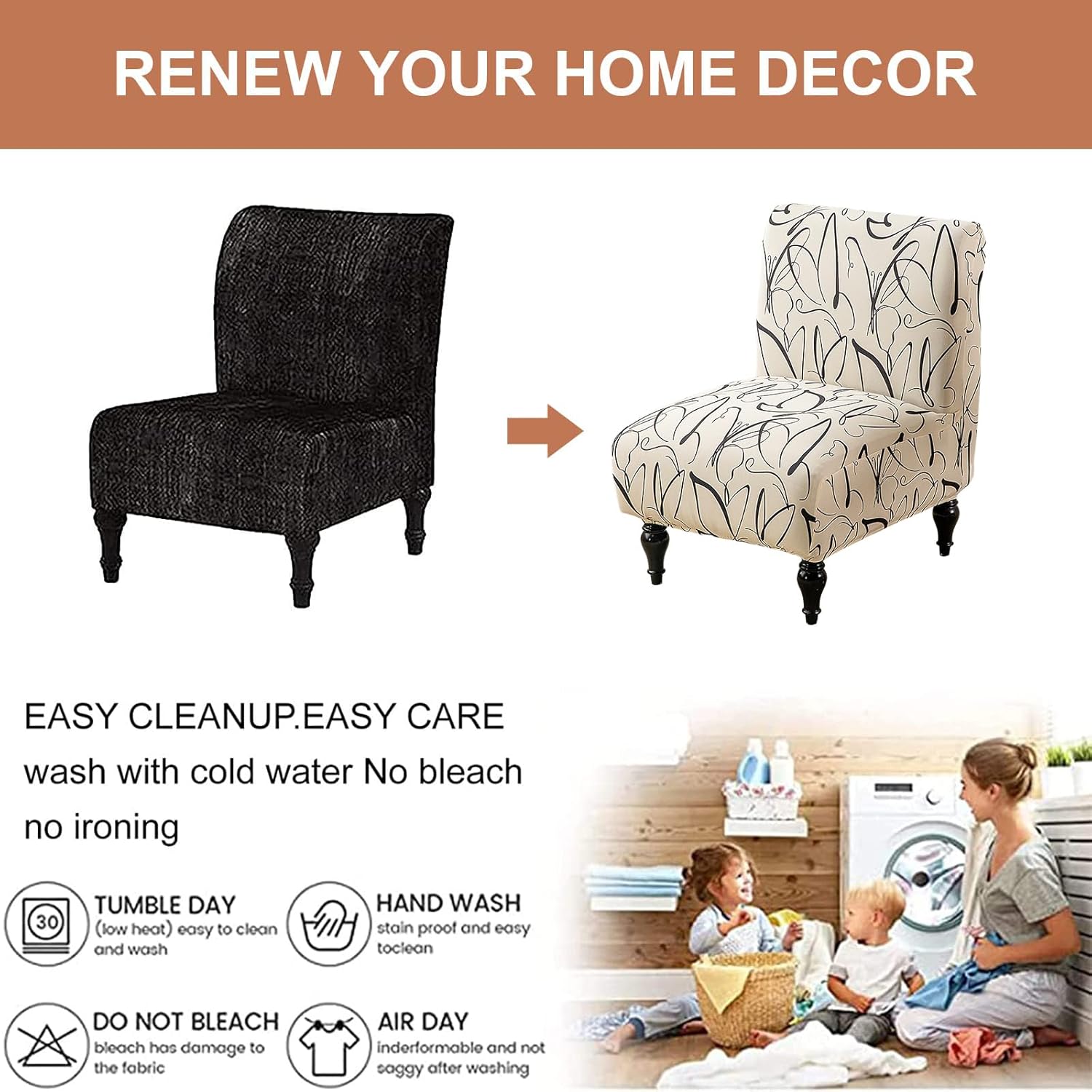 Eco-Ancheng Armless Chair Slipcover Removable Armless Accent Chairs Covers Washable Armless Slipper Chair Slipcover Printed Armless Chair Furniture Protector Covers for Living Dining Room Hotel