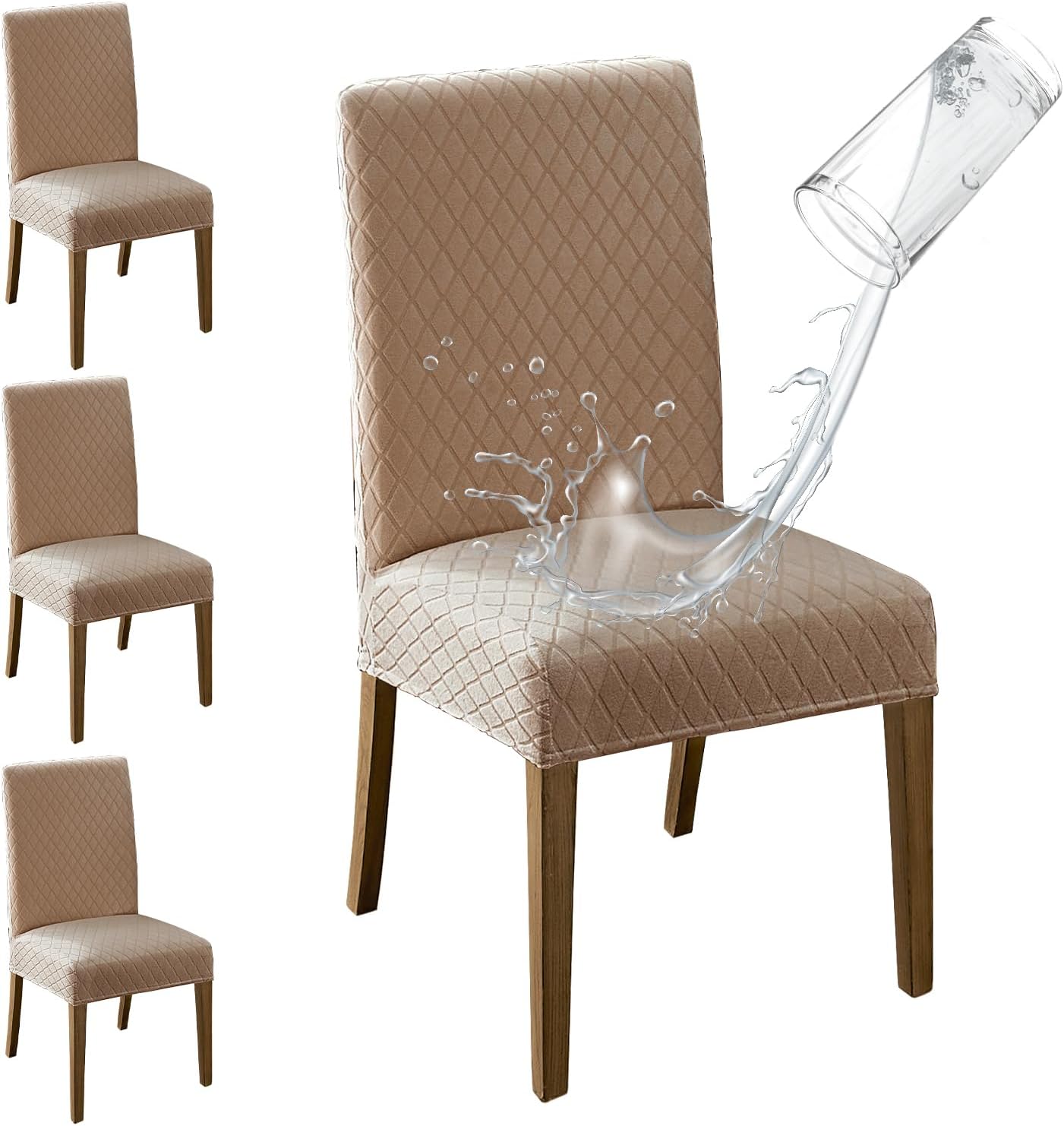 MOSAYT 100% Waterproof Dining Room Chair Covers Set of 4, Super Fit Stretch Jacquard Parson Chairs Slipcovers Removable Washable Chair Seat Protectors for Home, Kitchen, Banquet (Beige)