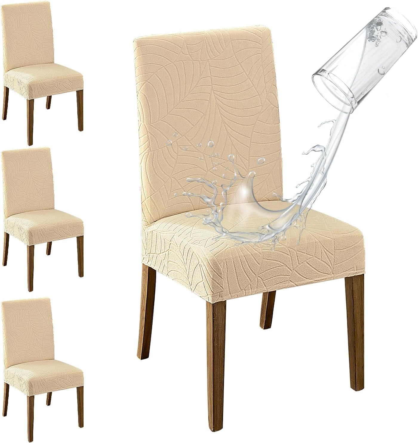 MOSAYT 100% Waterproof Dining Room Chair Covers Set of 4, Super Fit Stretch Jacquard Parson Chairs Slipcovers Removable Washable Chair Seat Protectors for Home, Kitchen, Banquet (Beige)