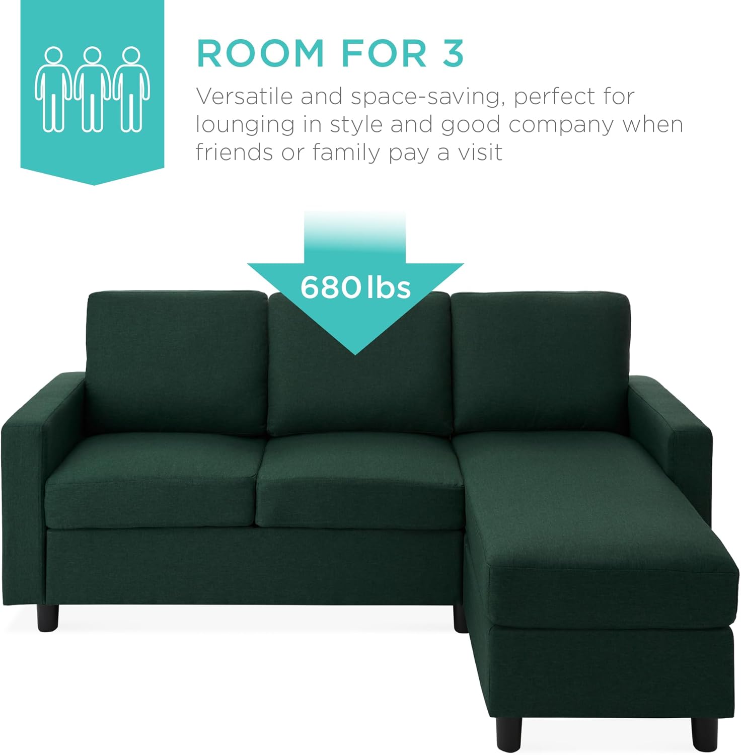 Best Choice Products Upholstered Sectional Sofa for Home, Apartment, Dorm, Bonus Room, Compact Spaces w/Chaise Lounge, 3-Seat, L-Shape Design, Reversible Ottoman Bench, 680lb Capacity - Light Gray