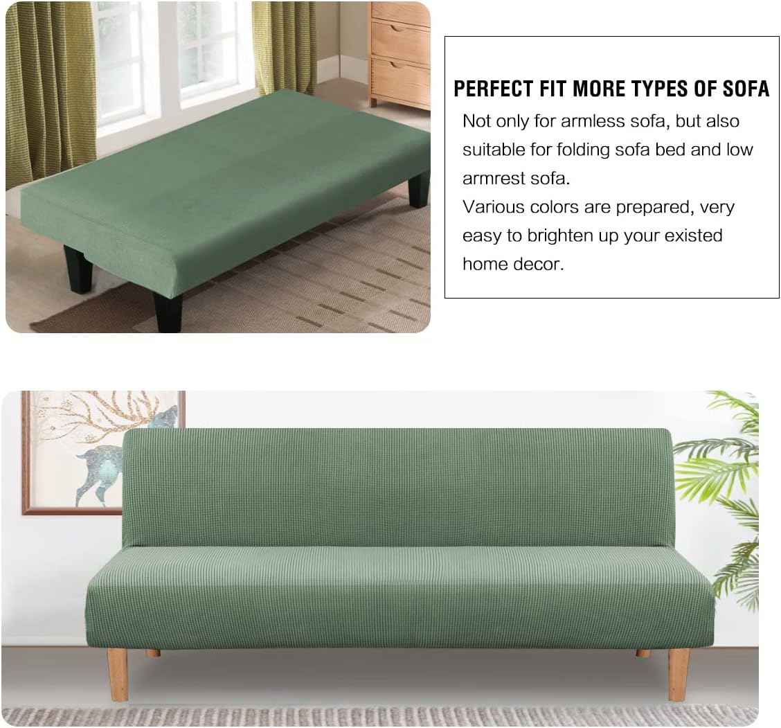 H.VERSAILTEX Armless Futon Cover Stretch Sofa Bed Slipcover Protector Elastic Feature Rich Textured High Spandex Small Checks Jacquard Fabric Futon Cover, Machine Washable, Sage