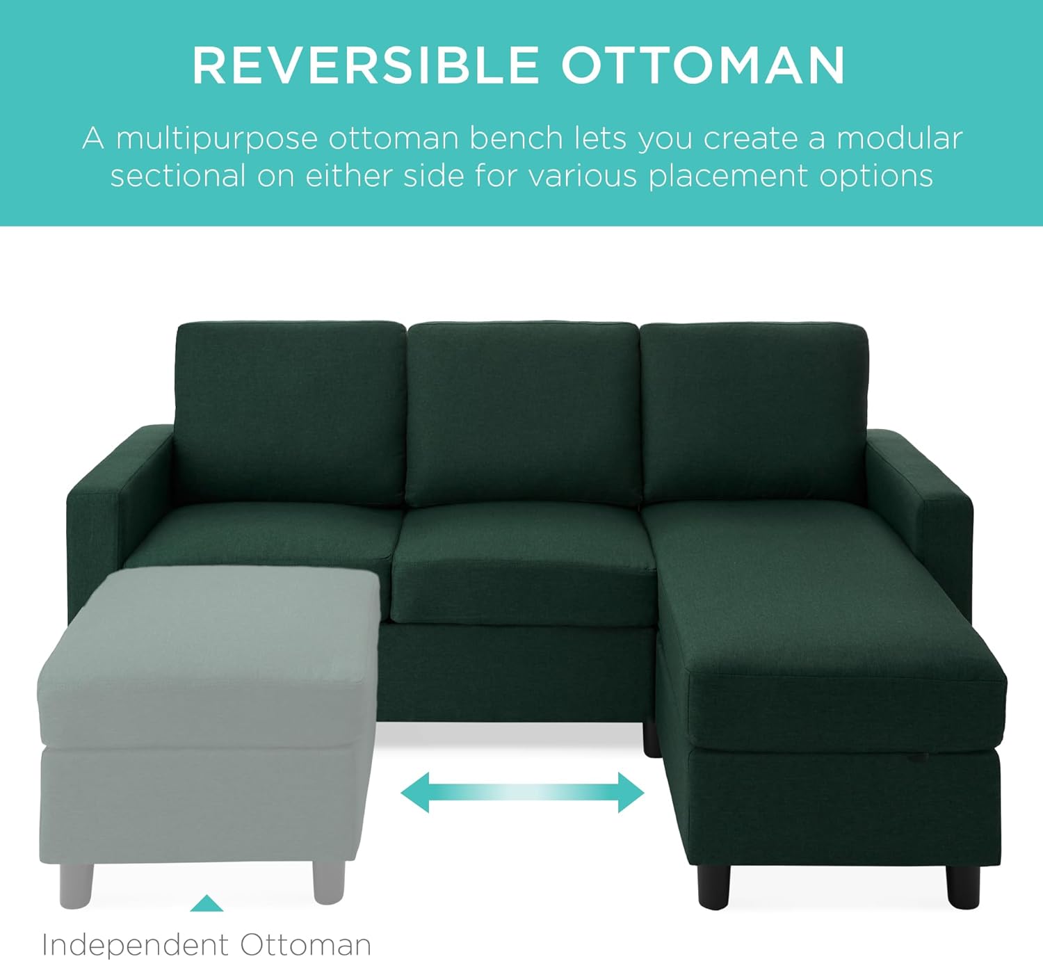 Best Choice Products Upholstered Sectional Sofa for Home, Apartment, Dorm, Bonus Room, Compact Spaces w/Chaise Lounge, 3-Seat, L-Shape Design, Reversible Ottoman Bench, 680lb Capacity - Light Gray