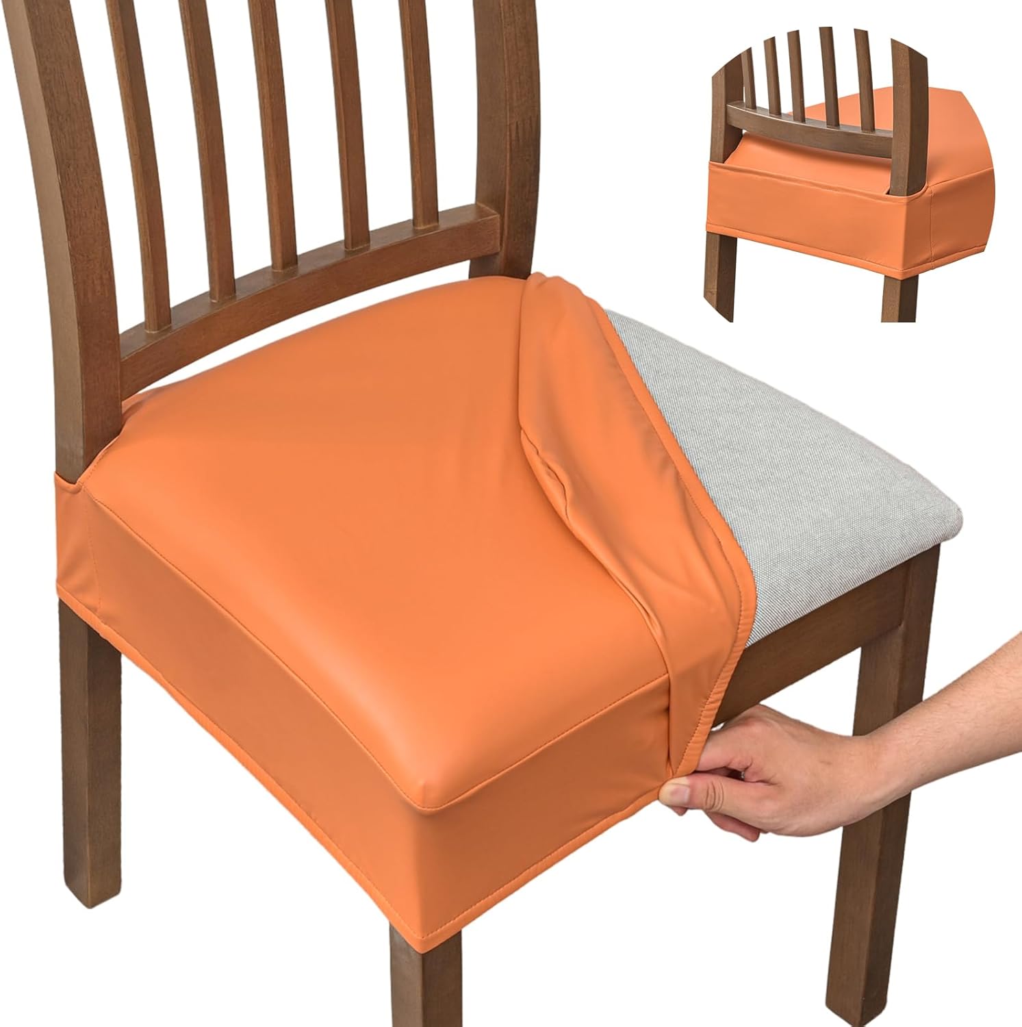 FUANGUI Dining Chair Covers Set of 4, Waterproof PU Leather Stretch Chair Seat Slipcovers Soft Removable Washable Chair Covers, Kitchen Chair Seat Covers Protectors Dining Room, PU-Black