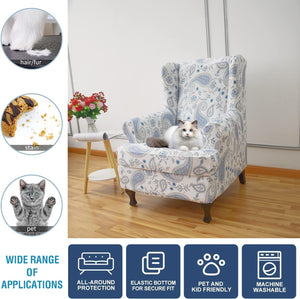Stretch Wingback Chair Cover 2-Piece Printed Wing Chair Slipcover Sofa Slipcover Spandex Floral Armchair Slipcovers Furniture Protector with Elastic Bottom for Living ROOM