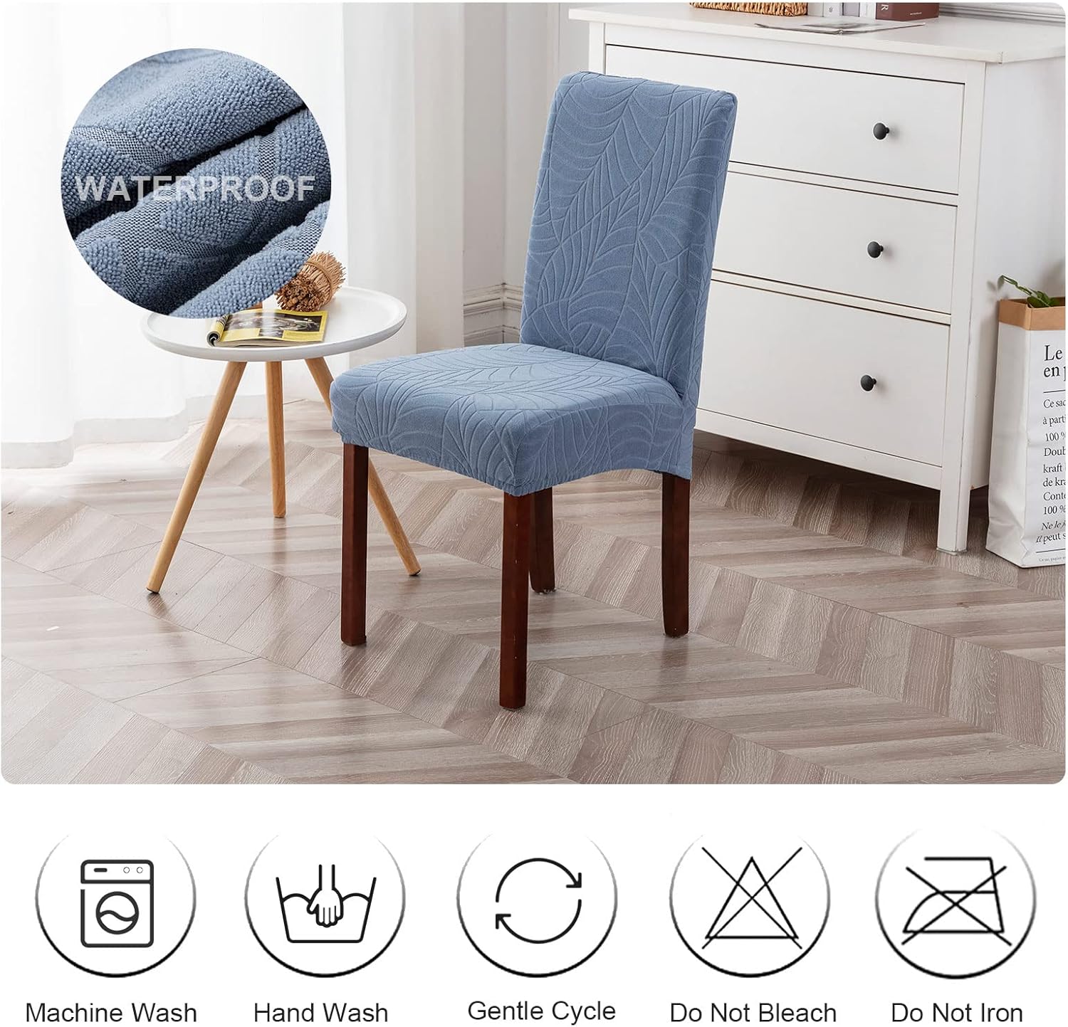 Genina 100% Waterproof Chair Covers for Dining Room Set of 4, Stretch Parson Chair Slipcovers for Kitchen Chairs, Washable Chair Protectors, Leaves-Warm Gray