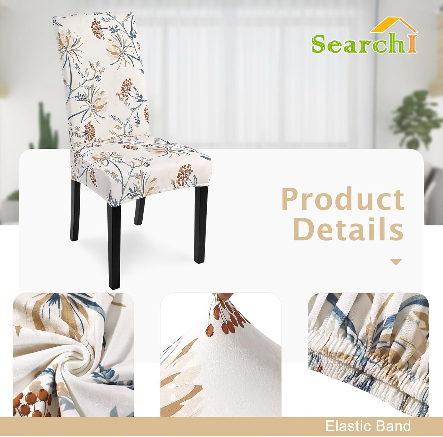 SearchI Chair Covers Slipcovers Set of 4, Spandex Super Fit Stretch Removable Washable Kitchen Parsons Protector for Dining Room,Hotel,Ceremony,Beige+Flowers