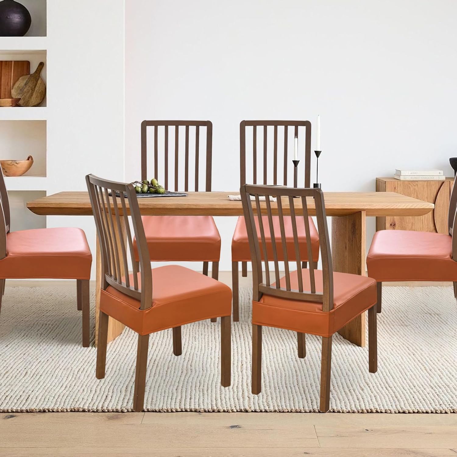 FUANGUI Dining Chair Covers Set of 4, Waterproof PU Leather Stretch Chair Seat Slipcovers Soft Removable Washable Chair Covers, Kitchen Chair Seat Covers Protectors Dining Room, PU-Black