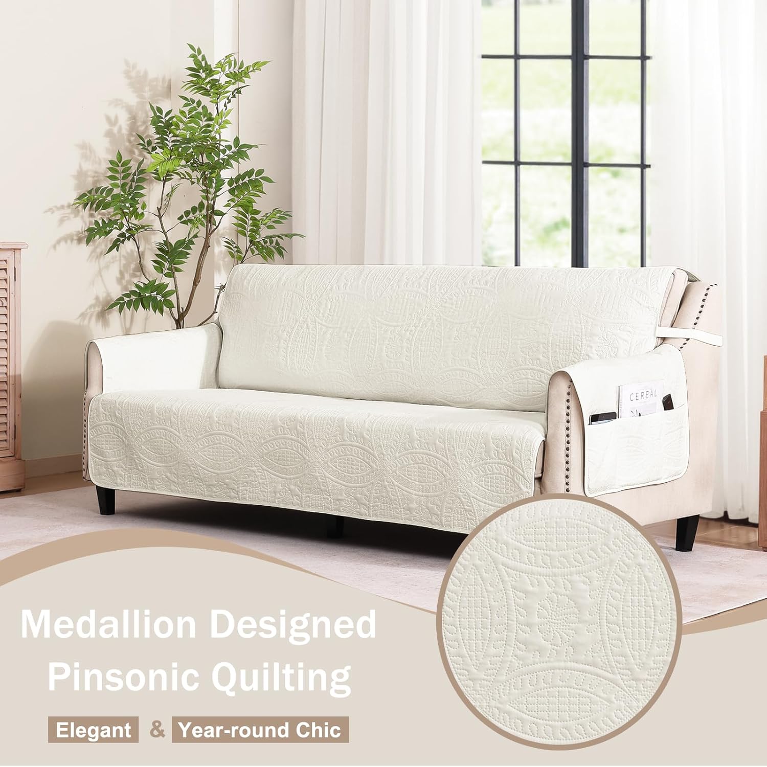 Beige Quilted Recliner Covers, Water-Repellent Recliner Slipcovers, Lazy Boy Chair Covers, Pet Friendly Recliner Cover for Dogs Cats, Washable Furniture Protector (Recliner 22", Beige Cream)