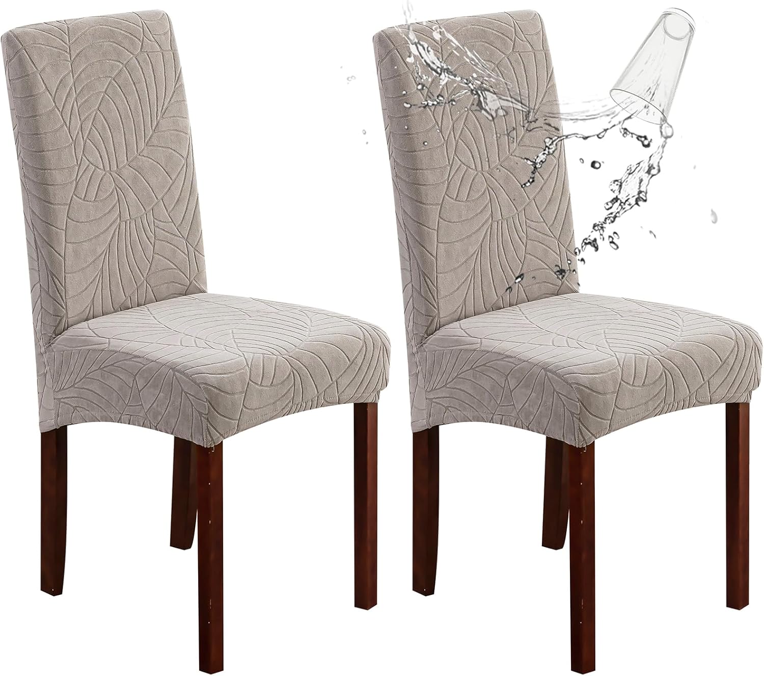 Genina 100% Waterproof Chair Covers for Dining Room Set of 4, Stretch Parson Chair Slipcovers for Kitchen Chairs, Washable Chair Protectors, Leaves-Warm Gray