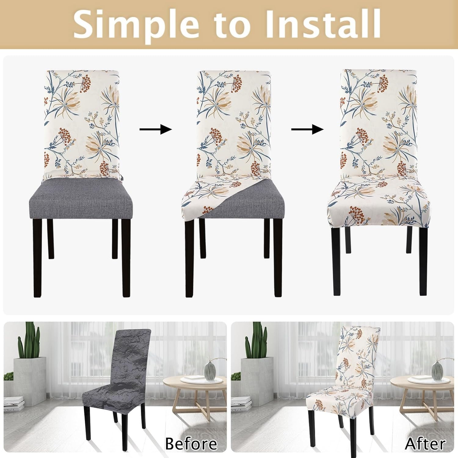 SearchI Chair Covers Slipcovers Set of 4, Spandex Super Fit Stretch Removable Washable Kitchen Parsons Protector for Dining Room,Hotel,Ceremony,Beige+Flowers