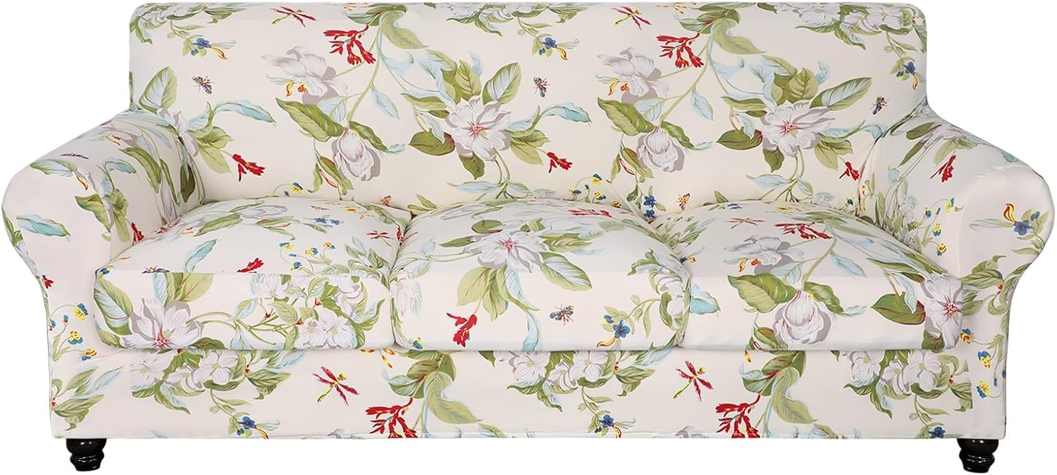 SearchI Stretch Sofa Cover Printed Couch Covers, Floral Pattern 2 Piece Armchair Slipcover with Separate Chair Cushion Cover, Washable Furniture Protector for Living Room(Armchair, Ball Flower)