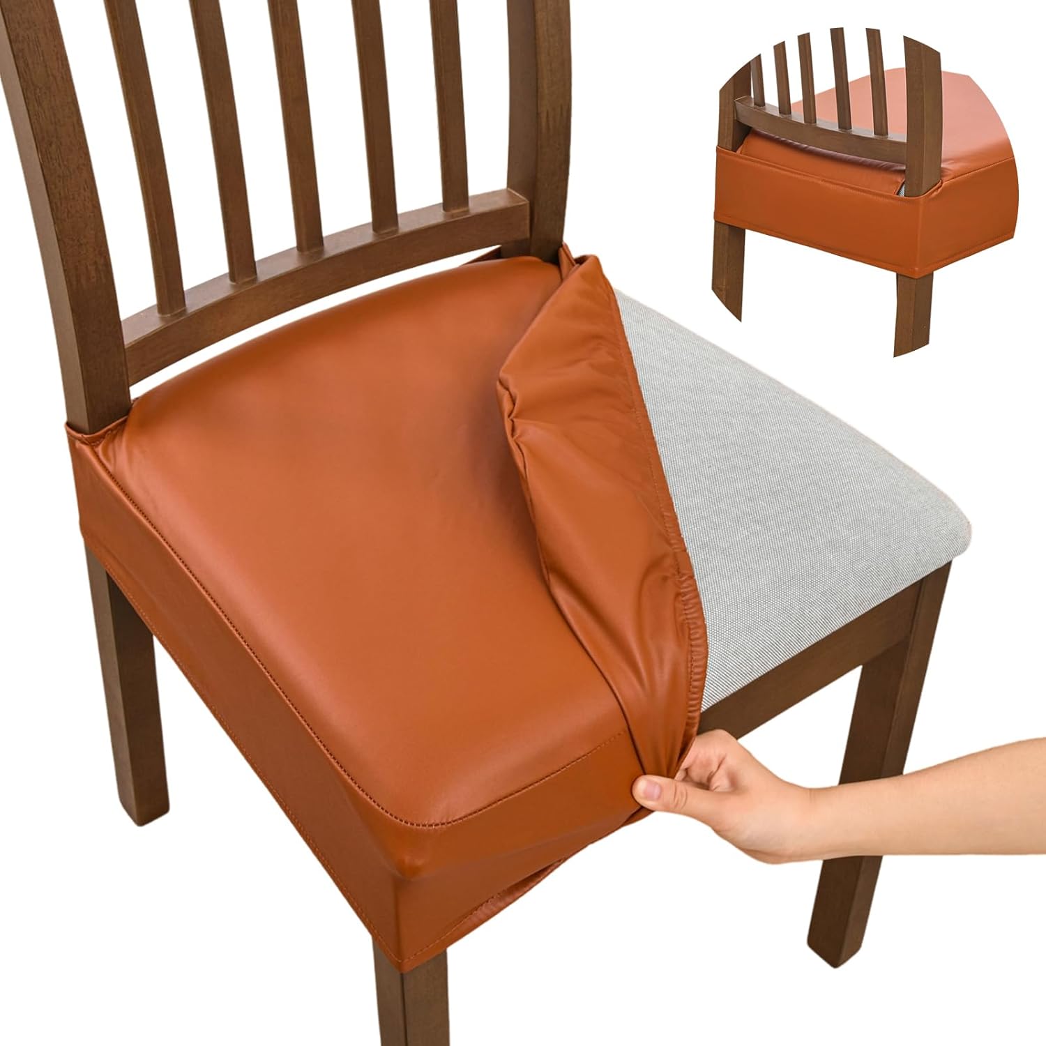 FUANGUI Dining Chair Covers Set of 4, Waterproof PU Leather Stretch Chair Seat Slipcovers Soft Removable Washable Chair Covers, Kitchen Chair Seat Covers Protectors Dining Room, PU-Black