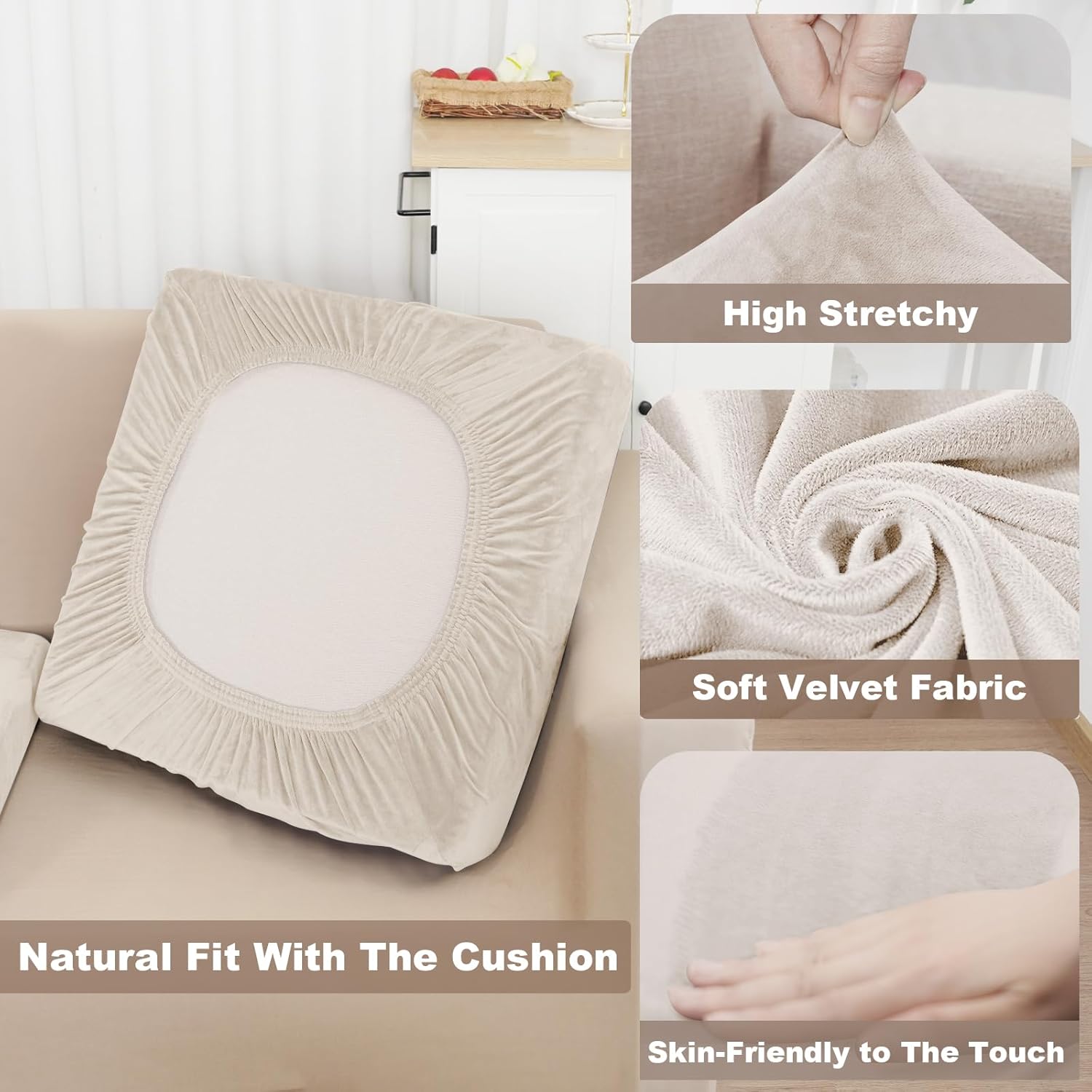 NAISI Sectional Couch Cover 4 Pieces Velvet Separate Couch Cushion Covers L Shape Soft Stretch Sofa Slipcovers with 2pcs Pillowcases for Left/Right Chaise Sectional Couch(3 Seater+1 Chaise,Dark Grey)