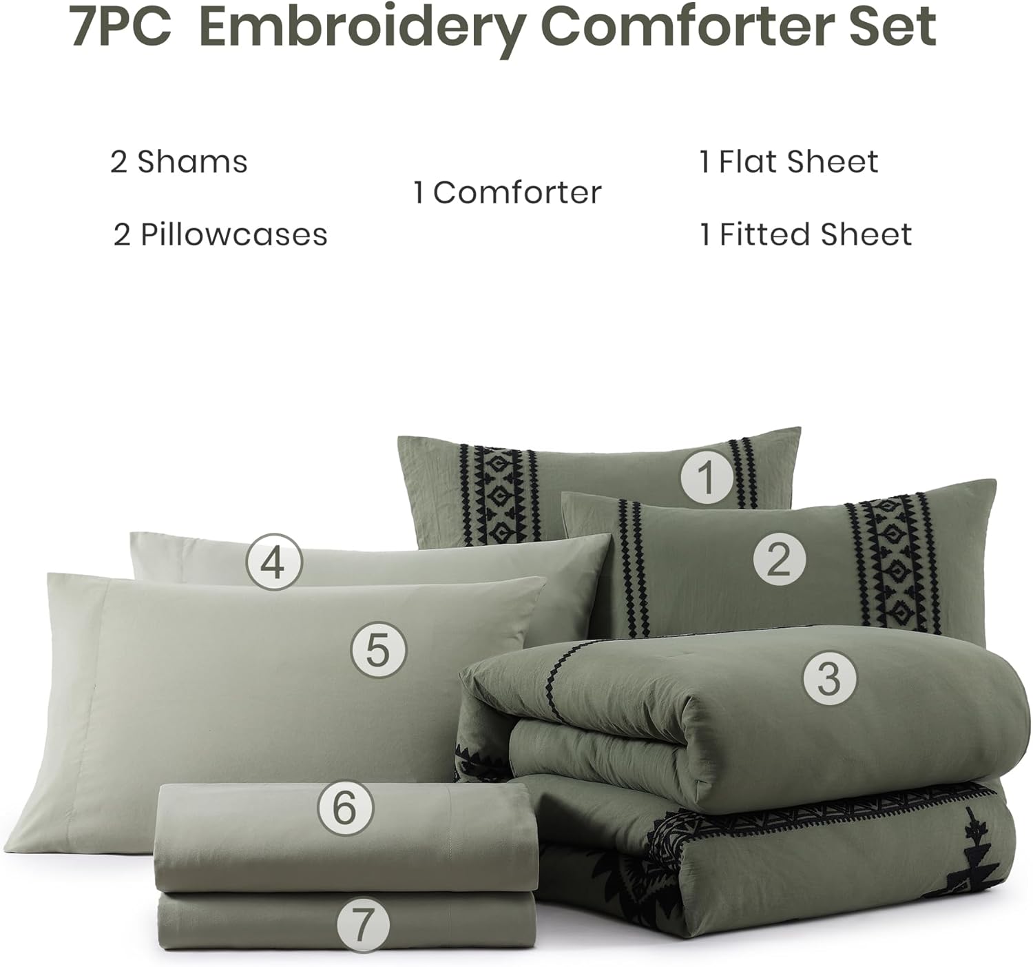 Olive Green Embroidery Comforters Set Queen Size