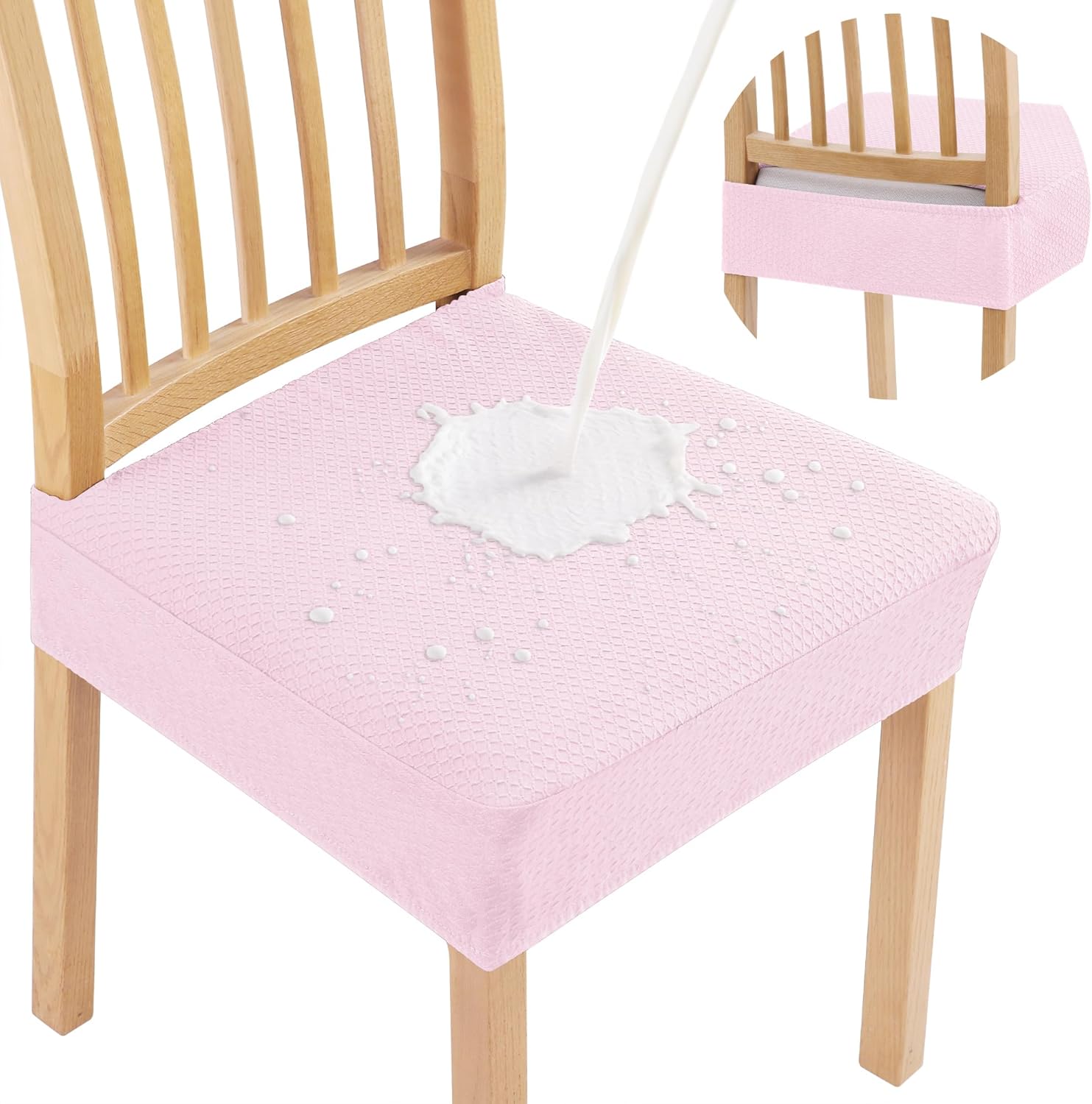 Smiry Waterproof Seat Covers for Dining Room Chairs Set of 4, Stretch Jacquard Removable Washable Chair Seat Slipcovers Protector, No Rear Covers, Beige