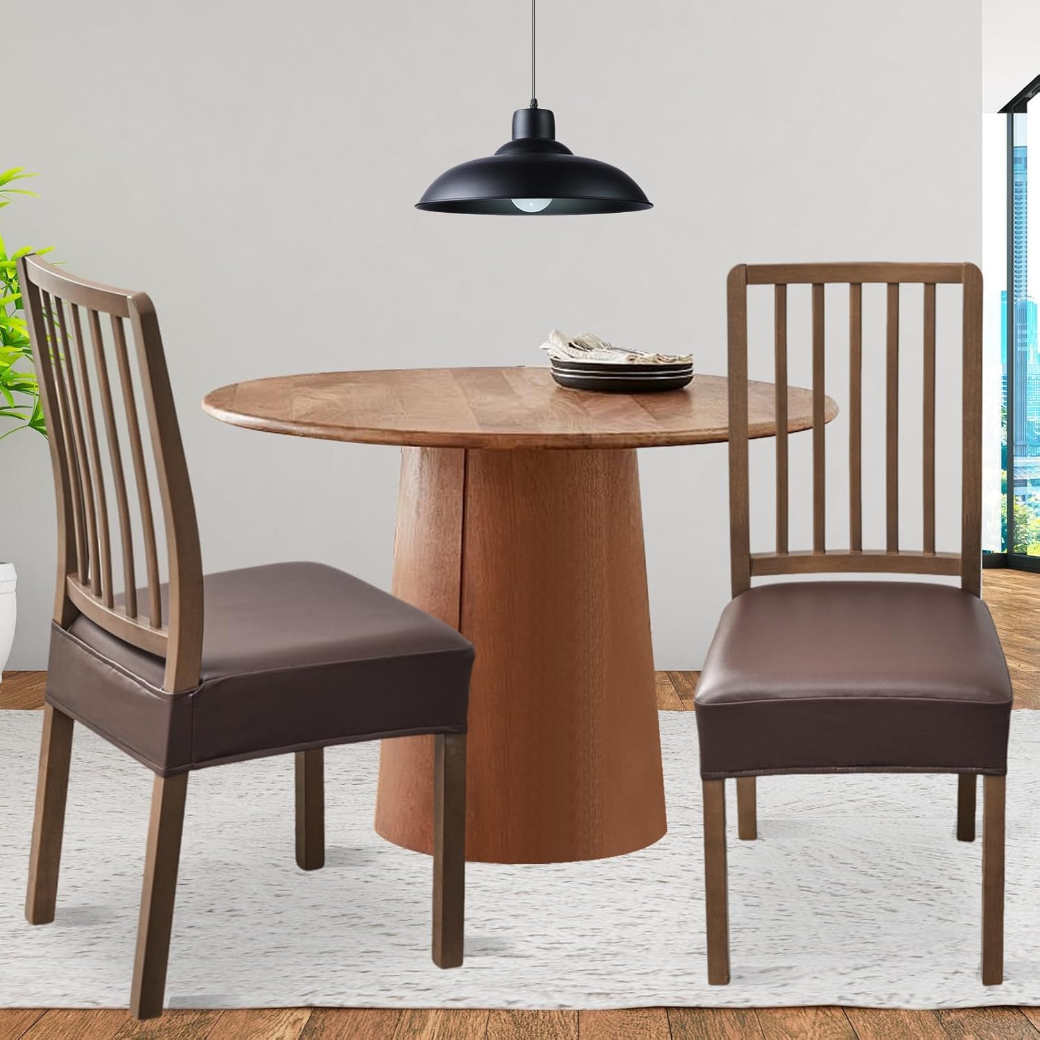 FUANGUI Dining Chair Covers Set of 4, Waterproof PU Leather Stretch Chair Seat Slipcovers Soft Removable Washable Chair Covers, Kitchen Chair Seat Covers Protectors Dining Room, PU-Black