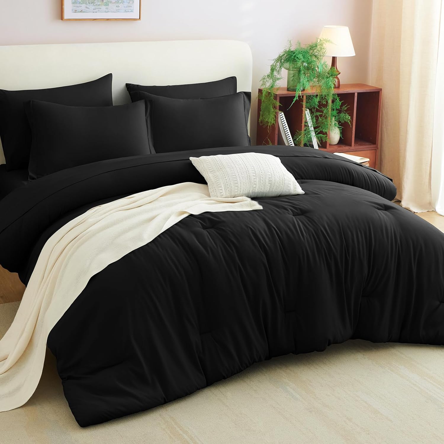 Queen Comforter Set Black, 7 Pieces