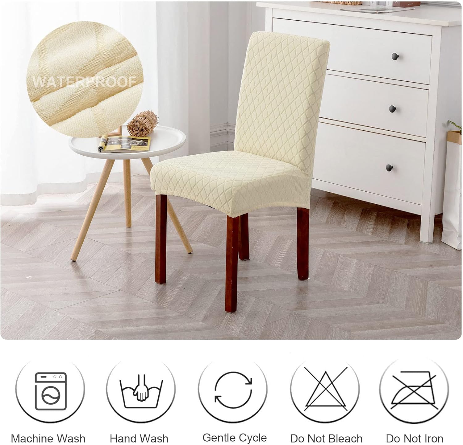 Genina 100% Waterproof Chair Covers for Dining Room Set of 4, Stretch Parson Chair Slipcovers for Kitchen Chairs, Washable Chair Protectors, Leaves-Warm Gray