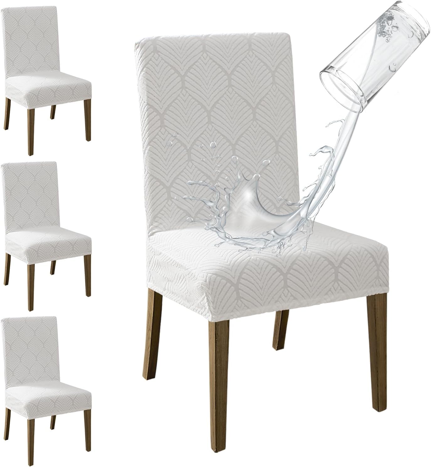 MOSAYT 100% Waterproof Dining Room Chair Covers Set of 4, Super Fit Stretch Jacquard Parson Chairs Slipcovers Removable Washable Chair Seat Protectors for Home, Kitchen, Banquet (Beige)