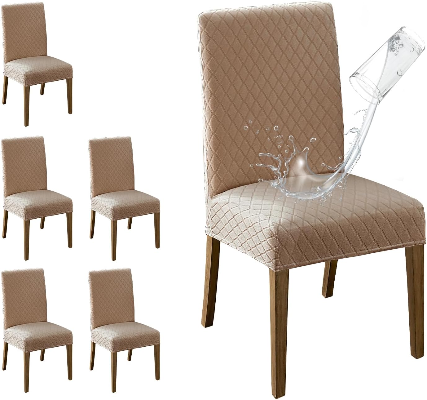 MOSAYT 100% Waterproof Dining Room Chair Covers Set of 4, Super Fit Stretch Jacquard Parson Chairs Slipcovers Removable Washable Chair Seat Protectors for Home, Kitchen, Banquet (Beige)