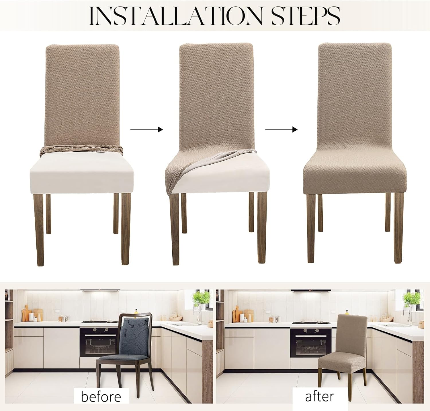 MOSAYT 100% Waterproof Dining Room Chair Covers Set of 4, Super Fit Stretch Jacquard Parson Chairs Slipcovers Removable Washable Chair Seat Protectors for Home, Kitchen, Banquet (Beige)