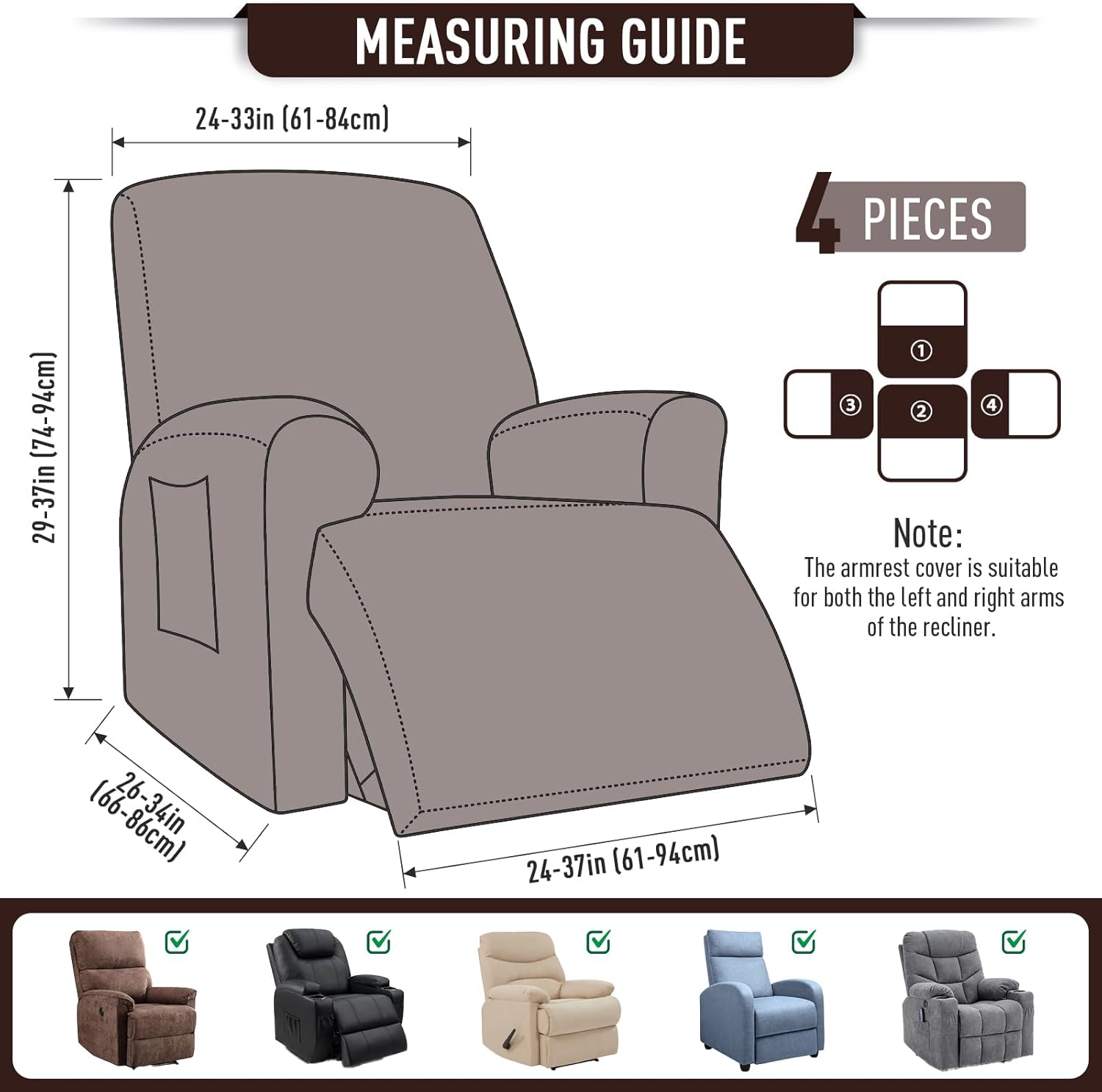 TAOCOCO Recliner Cover 4-Pieces, Recliner Stretch Sofa Slipcover, Recliner Cover 1 Seat, Couch Protector Soft, Furniture Protector Covers with Elastic,Chair Covers Jacquard Pattern (Grey)