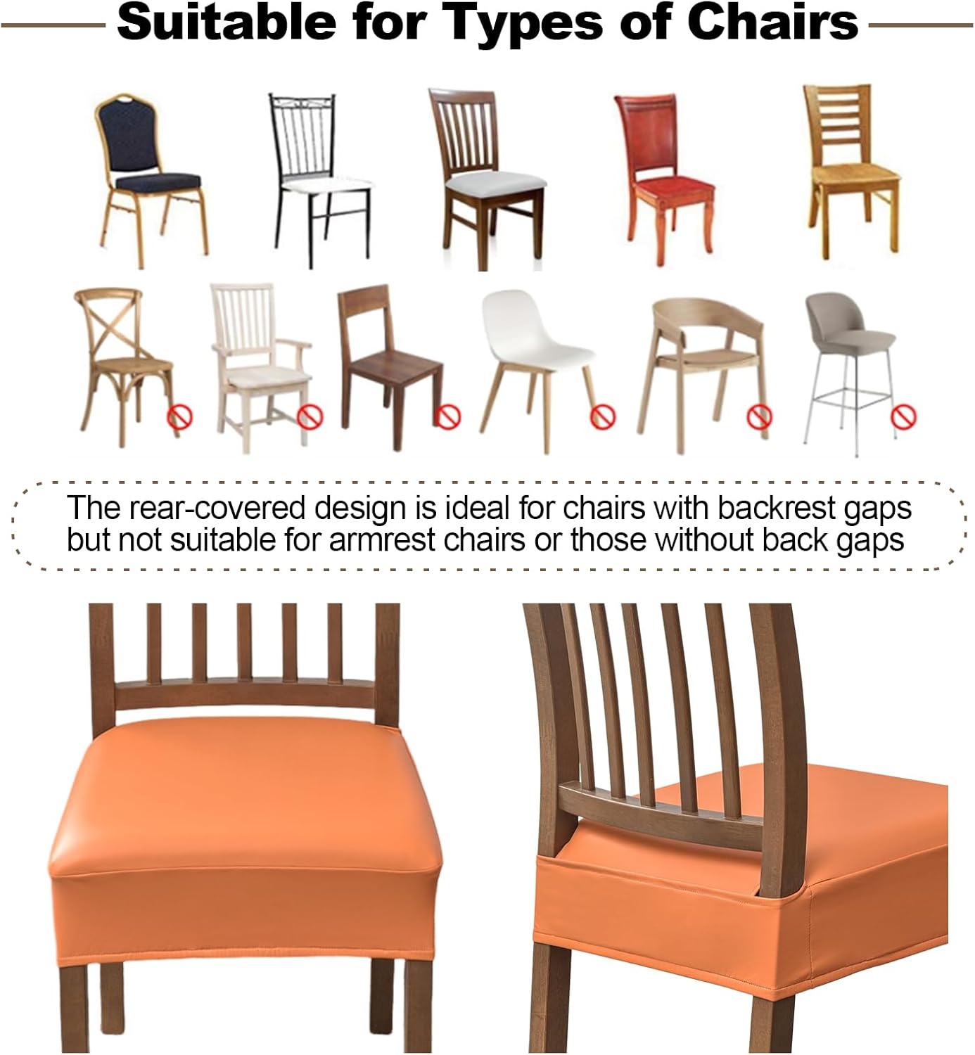 FUANGUI Dining Chair Covers Set of 4, Waterproof PU Leather Stretch Chair Seat Slipcovers Soft Removable Washable Chair Covers, Kitchen Chair Seat Covers Protectors Dining Room, PU-Black