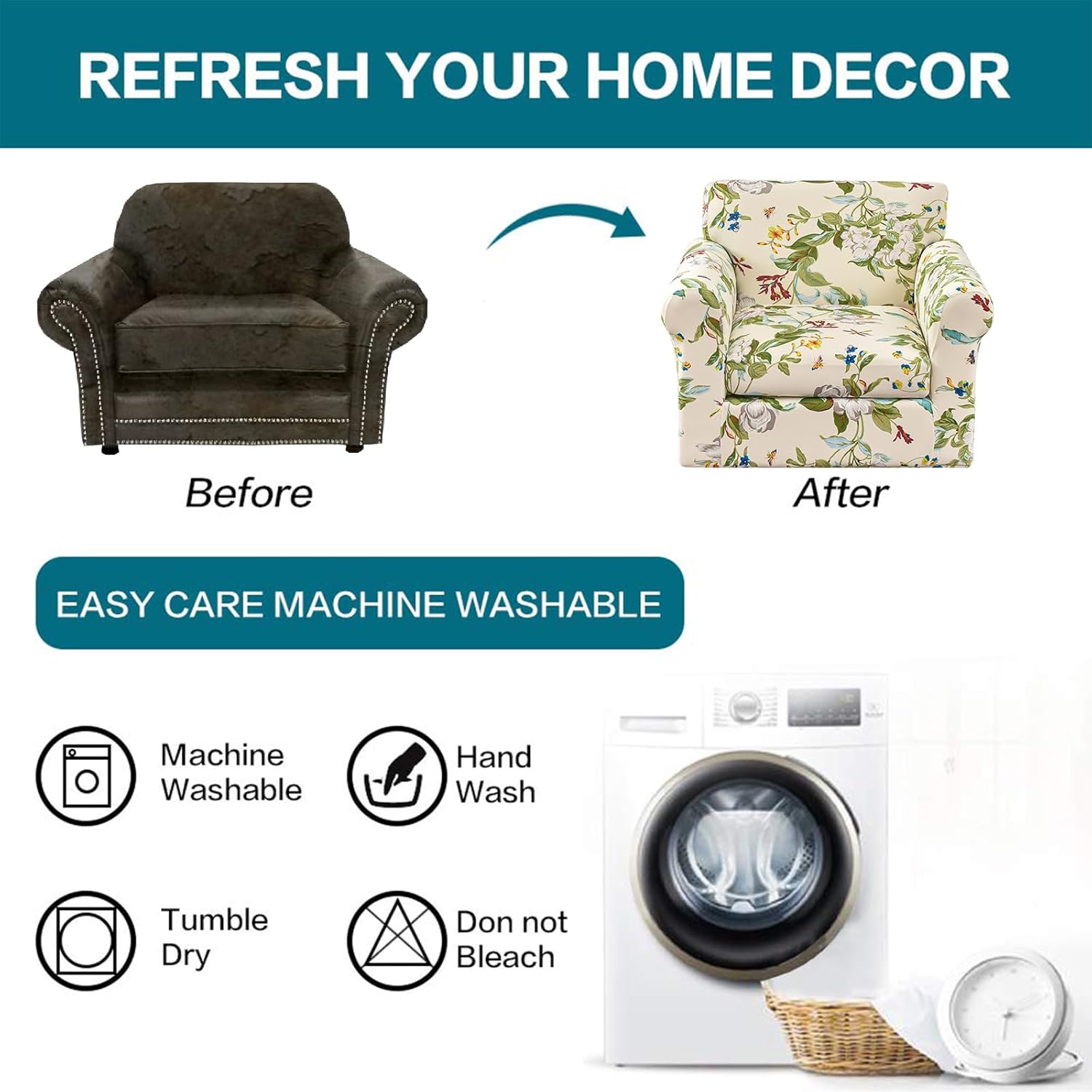 KRFOONN 2 Piece Chair Covers Printed Sofa Covers Couch Covers Washable Armchair Sofa Couch Slipcover Furniture Protector with Elastic Bottom for Living Room (Armchair, 23), Small