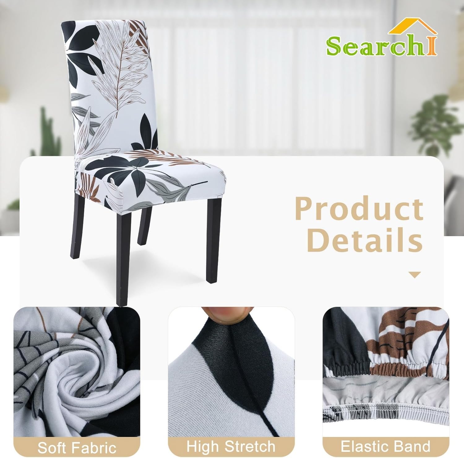 SearchI Chair Covers Slipcovers Set of 4, Spandex Super Fit Stretch Removable Washable Kitchen Parsons Protector for Dining Room,Hotel,Ceremony,Beige+Flowers