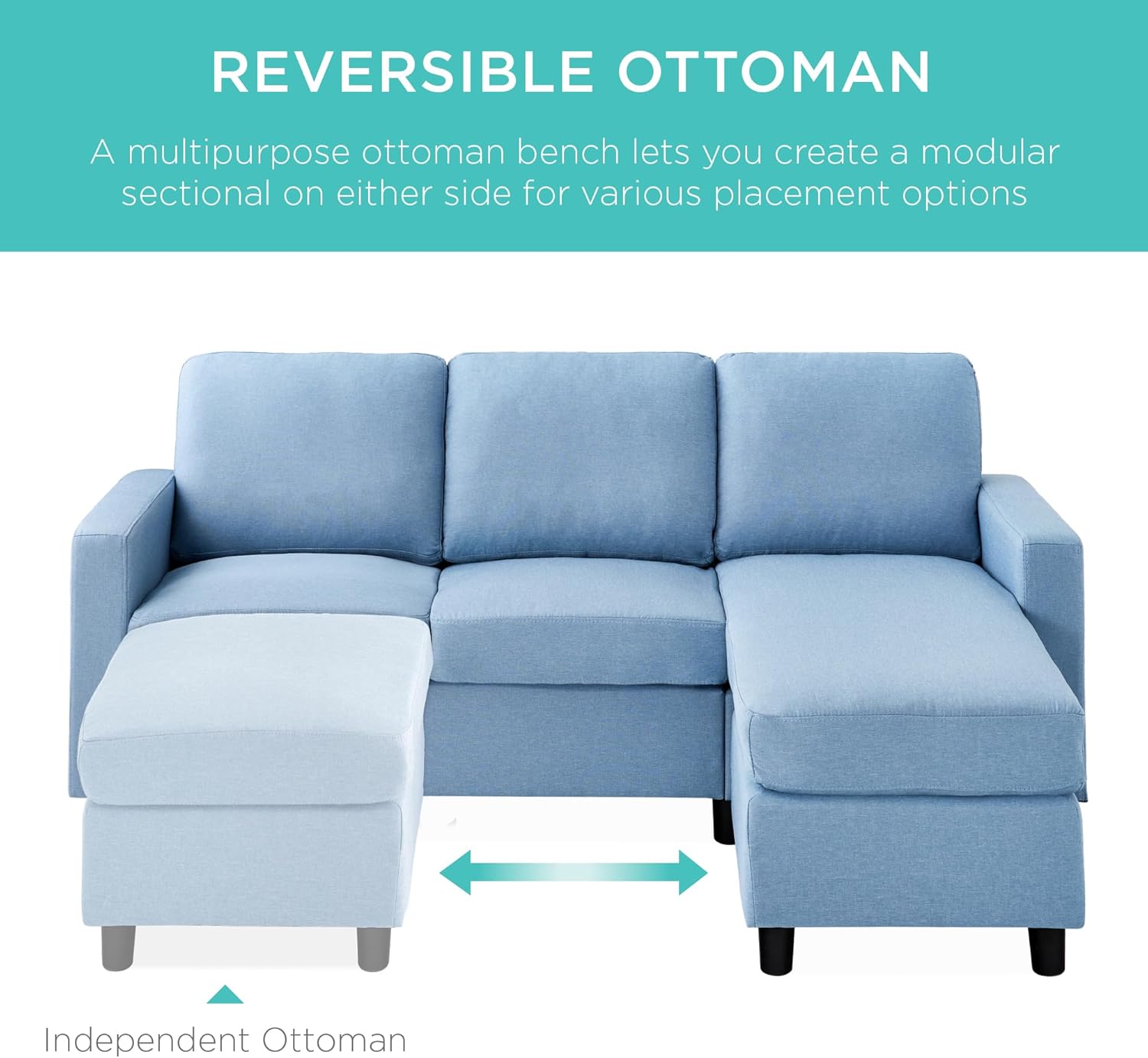 Best Choice Products Upholstered Sectional Sofa for Home, Apartment, Dorm, Bonus Room, Compact Spaces w/Chaise Lounge, 3-Seat, L-Shape Design, Reversible Ottoman Bench, 680lb Capacity - Light Gray