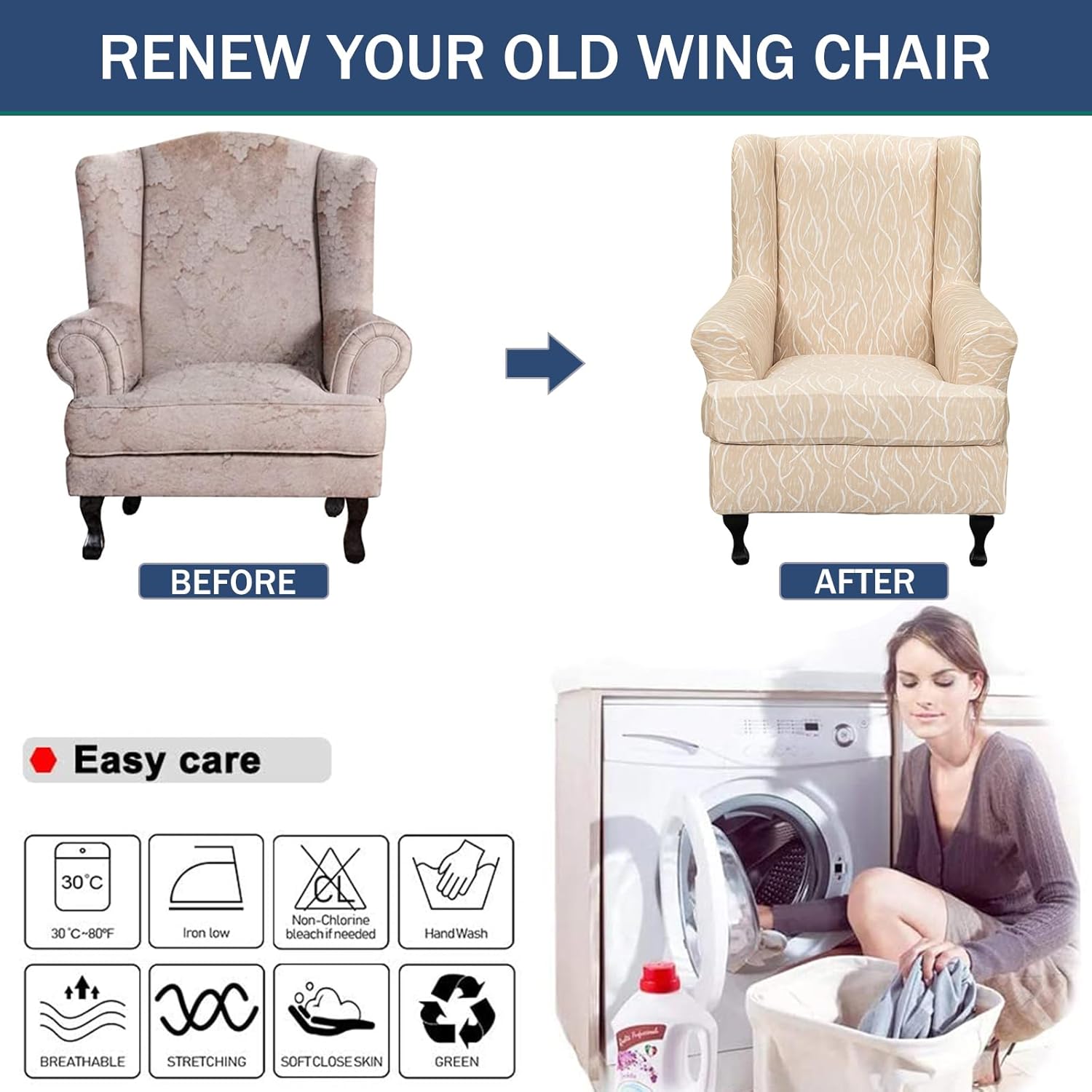 Wing Chair Slipcovers 2 Pieces Stretch Spandex Wingback Chair Covers Sofa Slipcover Printing Wingback Armchair Slipcovers Furniture Protector Couch Soft with Elastic Bottom for Wingback Chairs,12