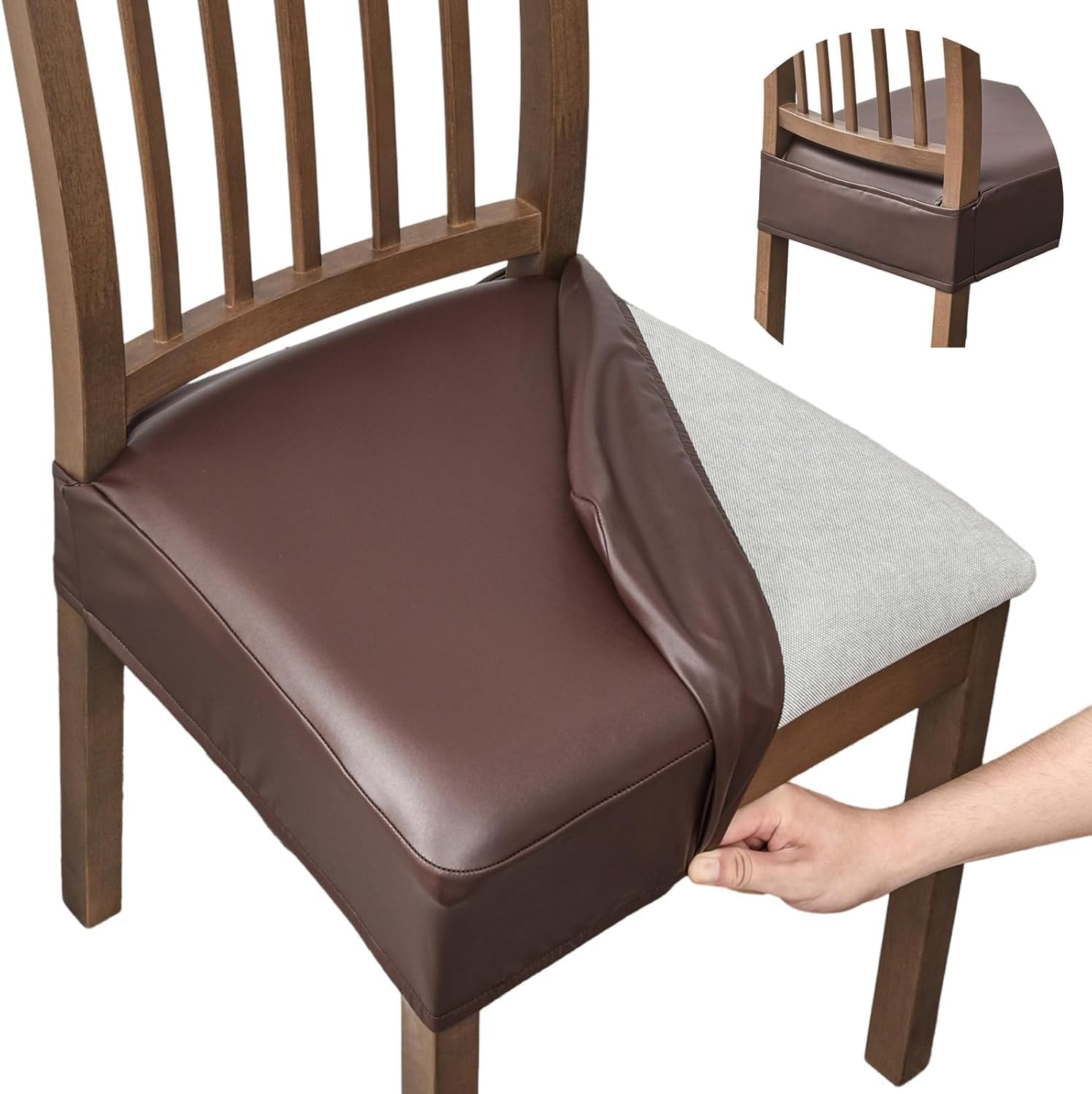 FUANGUI Dining Chair Covers Set of 4, Waterproof PU Leather Stretch Chair Seat Slipcovers Soft Removable Washable Chair Covers, Kitchen Chair Seat Covers Protectors Dining Room, PU-Black