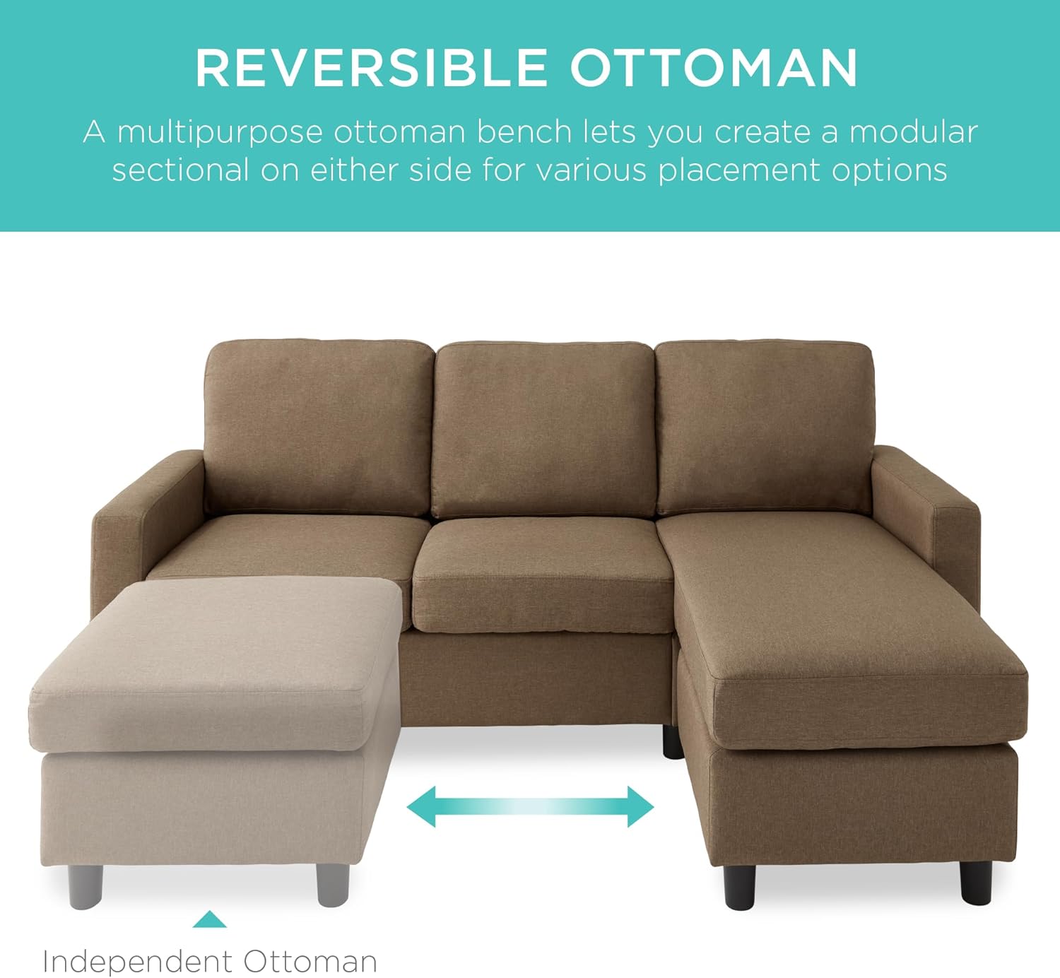 Best Choice Products Upholstered Sectional Sofa for Home, Apartment, Dorm, Bonus Room, Compact Spaces w/Chaise Lounge, 3-Seat, L-Shape Design, Reversible Ottoman Bench, 680lb Capacity - Light Gray