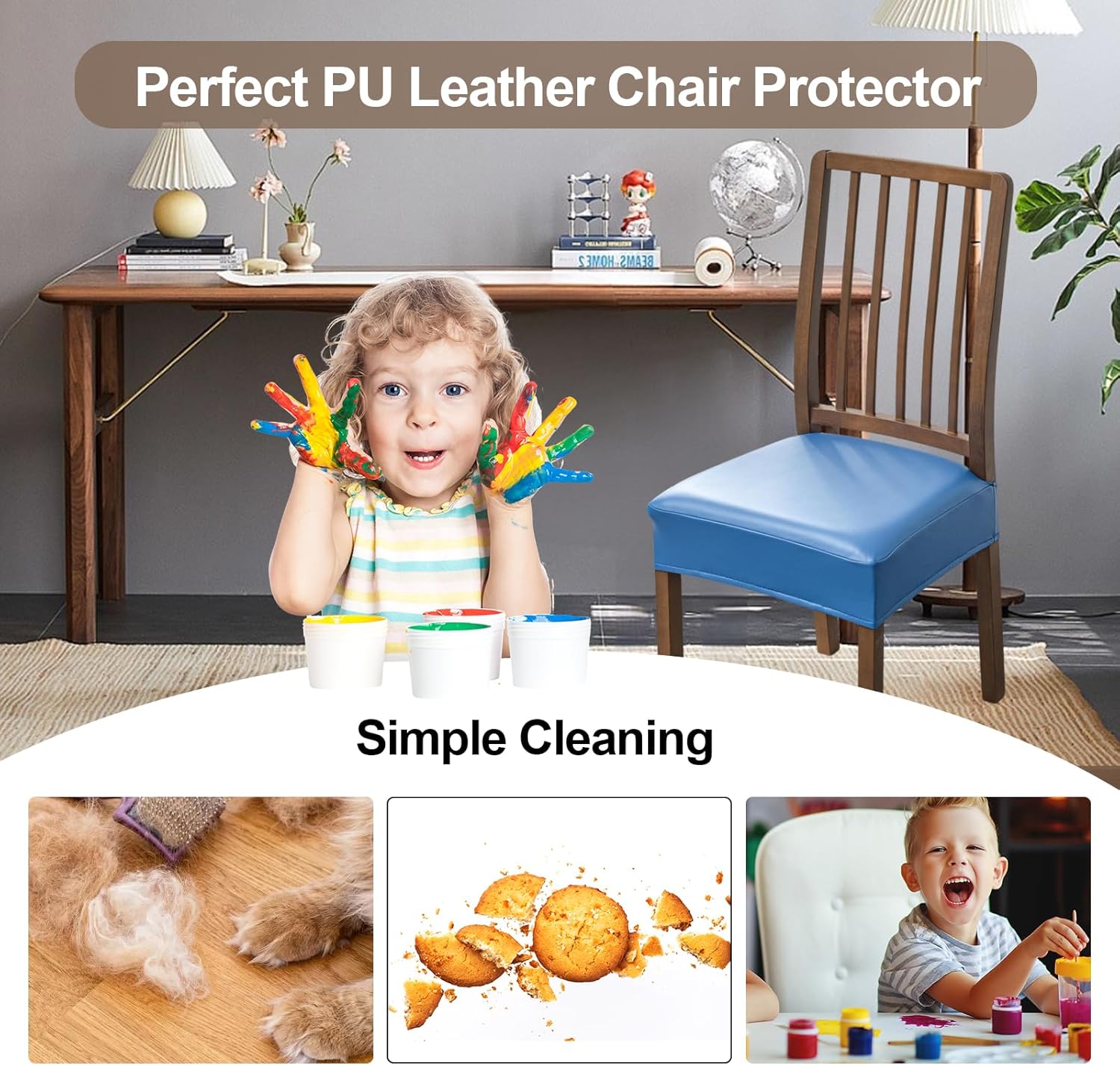 FUANGUI Dining Chair Covers Set of 4, Waterproof PU Leather Stretch Chair Seat Slipcovers Soft Removable Washable Chair Covers, Kitchen Chair Seat Covers Protectors Dining Room, PU-Black