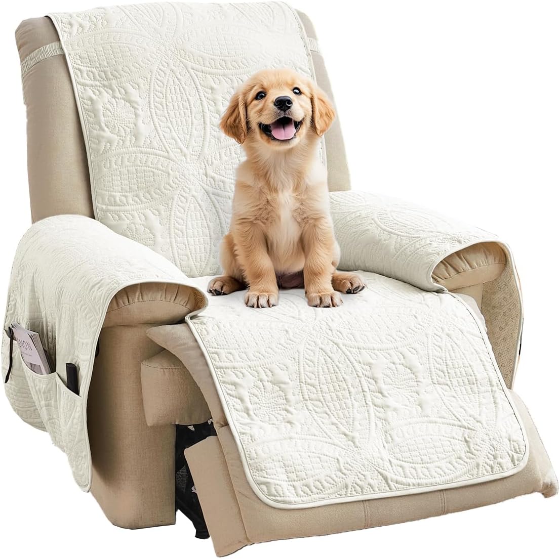 Beige Quilted Recliner Covers, Water-Repellent Recliner Slipcovers, Lazy Boy Chair Covers, Pet Friendly Recliner Cover for Dogs Cats, Washable Furniture Protector (Recliner 22", Beige Cream)