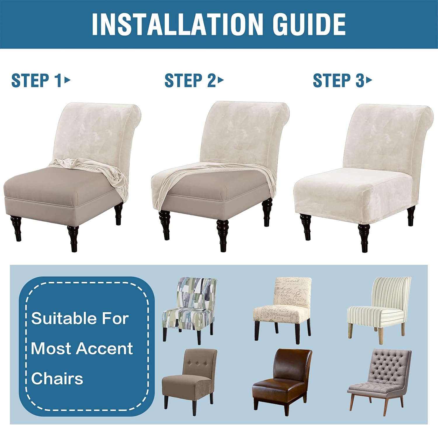 H.VERSAILTEX Armless Accent Chair Covers Thick Velvet Armless Chair Slipcovers High Stretch Chair Covers for Living Room Hotel Machine Washable Furniture Protector with Elastic Bottom, Ivory