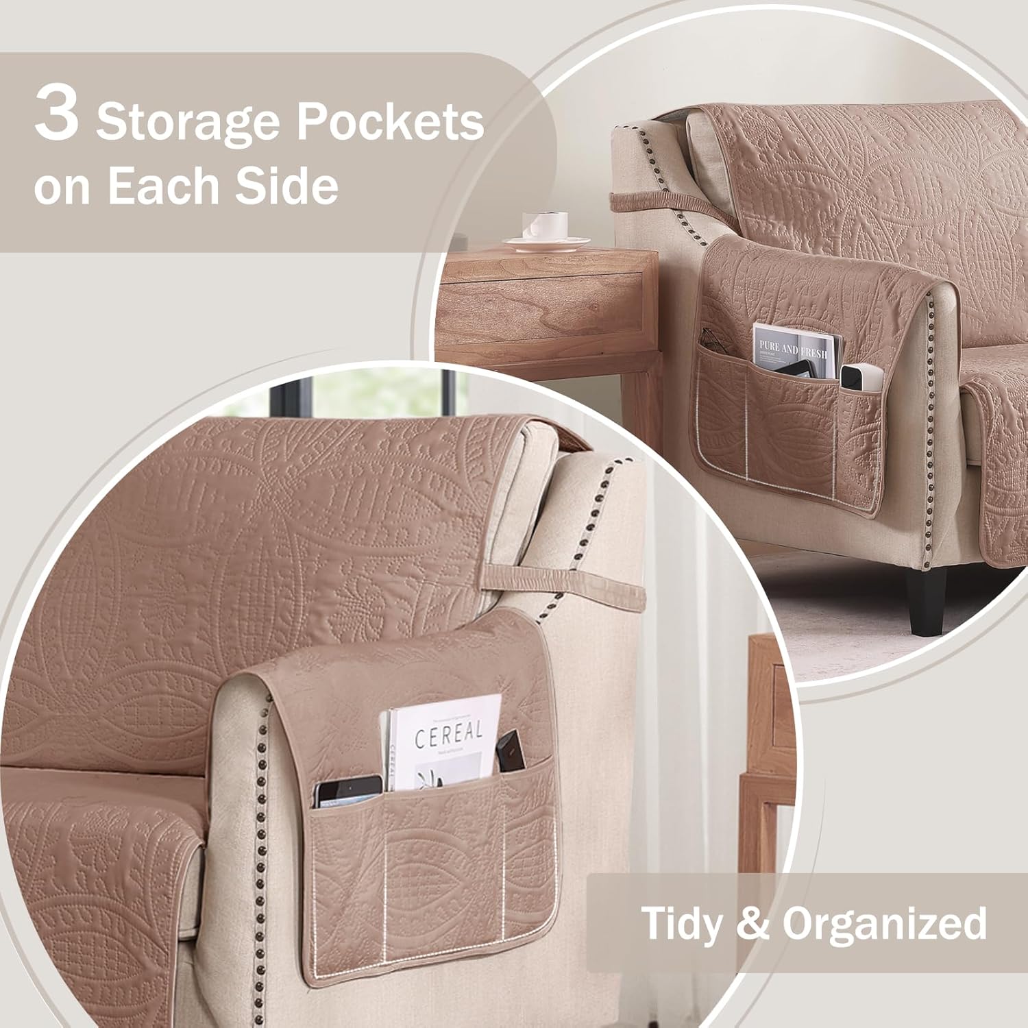 Beige Quilted Recliner Covers, Water-Repellent Recliner Slipcovers, Lazy Boy Chair Covers, Pet Friendly Recliner Cover for Dogs Cats, Washable Furniture Protector (Recliner 22", Beige Cream)