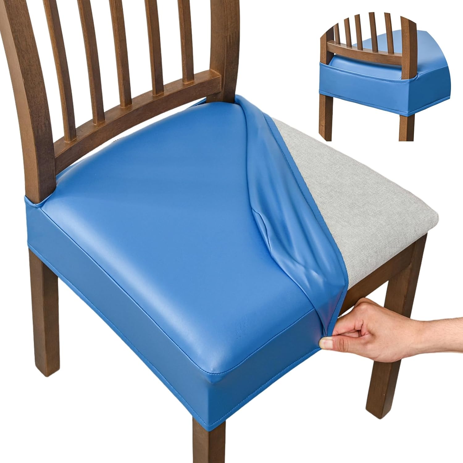 FUANGUI Dining Chair Covers Set of 4, Waterproof PU Leather Stretch Chair Seat Slipcovers Soft Removable Washable Chair Covers, Kitchen Chair Seat Covers Protectors Dining Room, PU-Black