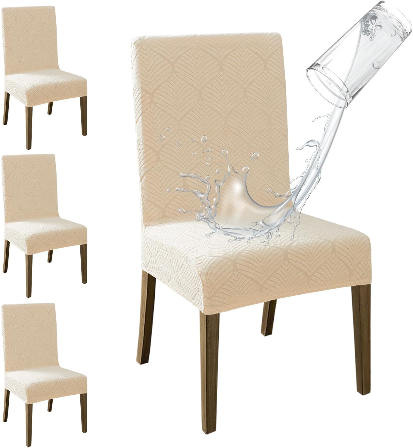 MOSAYT 100% Waterproof Dining Room Chair Covers Set of 4, Super Fit Stretch Jacquard Parson Chairs Slipcovers Removable Washable Chair Seat Protectors for Home, Kitchen, Banquet (Beige)